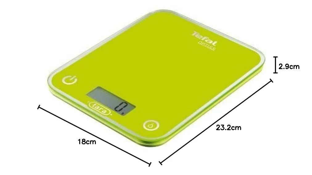 ترازوی آشپزخانه الکترونیکی تفال مدل Optiss BC5002V2 با ظرفیت 5 کیلوگرم و دقت 1 گرم، دارای عملکرد صفر کردن، تبدیل واحد، صفحه نمایش LCD و رنگ سبز انیسونی