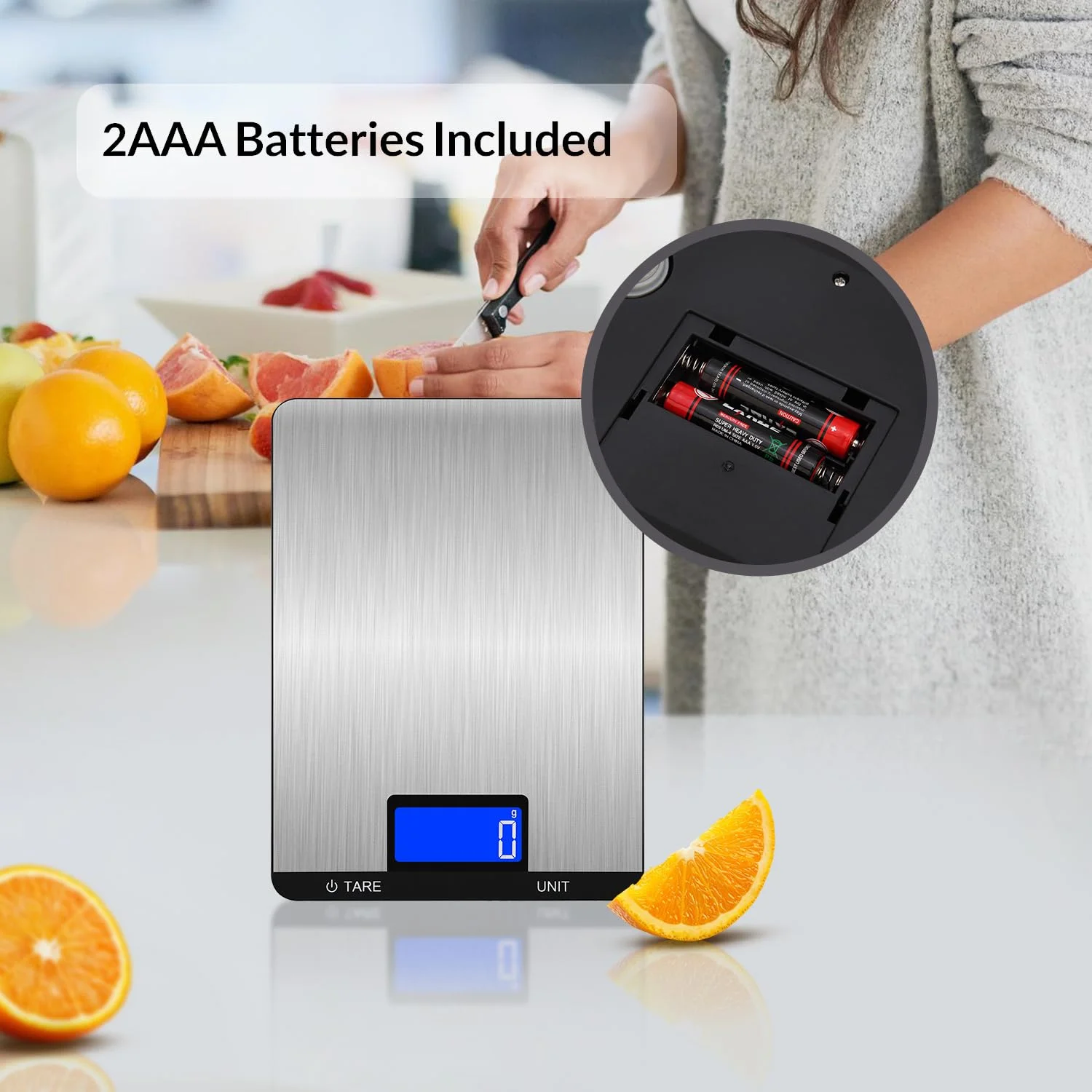 ترازوی آشپزخانه دیجیتال LEVADA PLUS 15 کیلوگرم/1 گرم با LCD، سطح استیل ضد زنگ، دکمه های لمسی، عملکرد تارا، واحدهای متعدد - ترازوی دقیق غذا برای پخت و پز، شیرینی پزی، قهوه - شامل باتری