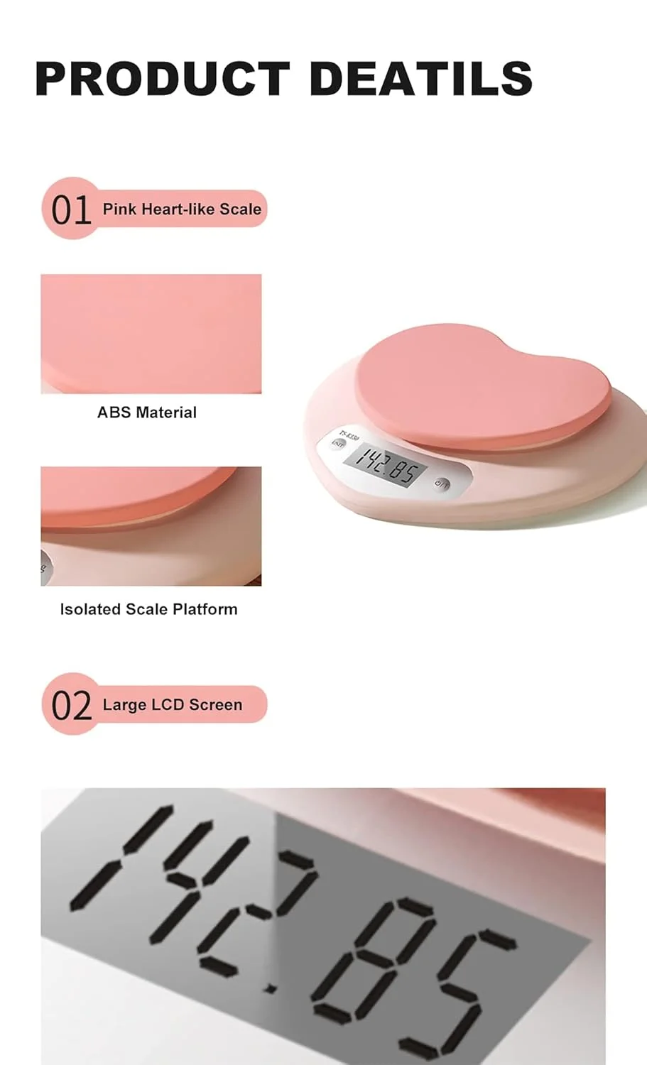 ترازوی آشپزخانه آزونه صورتی 5 کیلوگرم/1 گرم - ترازوی مواد غذایی با LCD بزرگ، عملکرد تارا، دقت 0.03 اونس، وزن کشی در واحدهای گرم/میلی لیتر/اونس/پوند برای پخت و پز، مایعات و جامدات (ظرفیت 5 کیلوگرم)