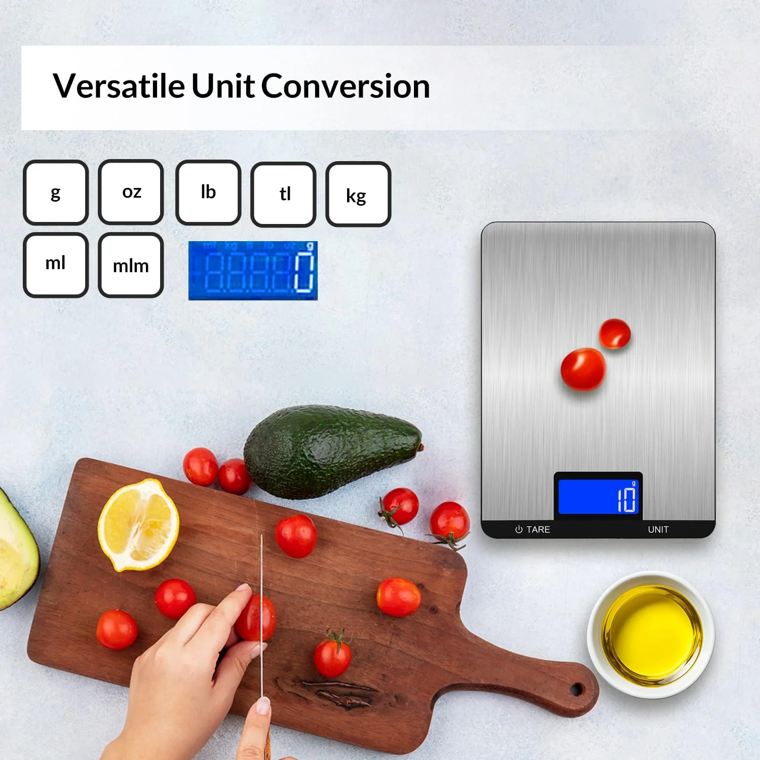 ترازوی آشپزخانه دیجیتال LEVADA PLUS 15 کیلوگرم/1 گرم با LCD، سطح استیل ضد زنگ، دکمه های لمسی، عملکرد تارا، واحدهای متعدد - ترازوی دقیق غذا برای پخت و پز، شیرینی پزی، قهوه - شامل باتری