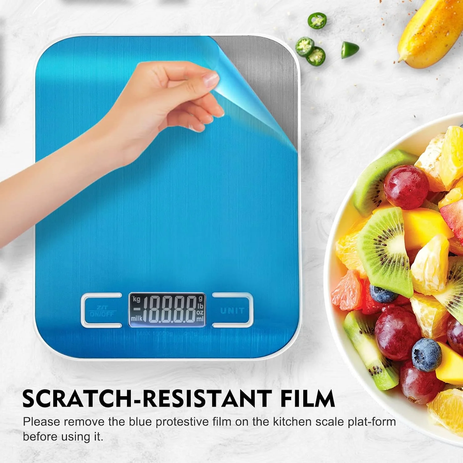 ترازوی آشپزخانه دیجیتال SKY-TOUCH، ترازوی استیل ضد زنگ باریک چند منظوره با صفحه نمایش LCD و قابلیت صفر کردن، چهار واحد اندازه گیری، شامل باتری - نقره ای