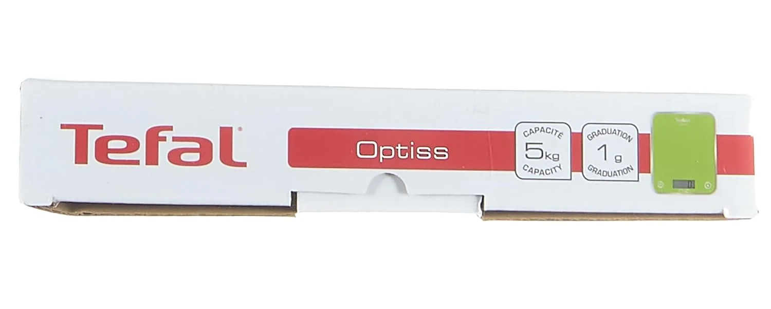 ترازوی آشپزخانه الکترونیکی تفال مدل Optiss BC5002V2 با ظرفیت 5 کیلوگرم و دقت 1 گرم، دارای عملکرد صفر کردن، تبدیل واحد، صفحه نمایش LCD و رنگ سبز انیسونی