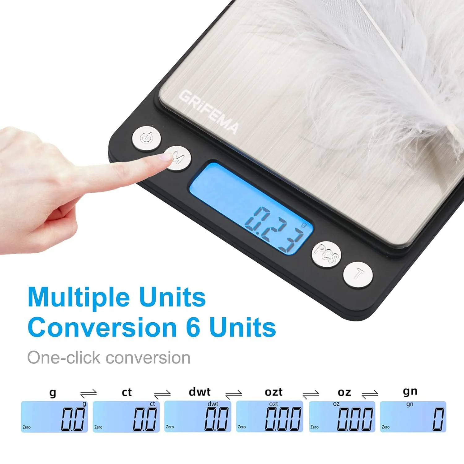 ترازوی آشپزخانه دیجیتال GRIFEMA GA2003 با سینی، ترازوی توزین مواد غذایی 500 گرم/0.01 گرم، ترازوی جیبی آشپزخانه با صفحه نمایش LCD با نور پس زمینه (شامل باتری)، نقره ای