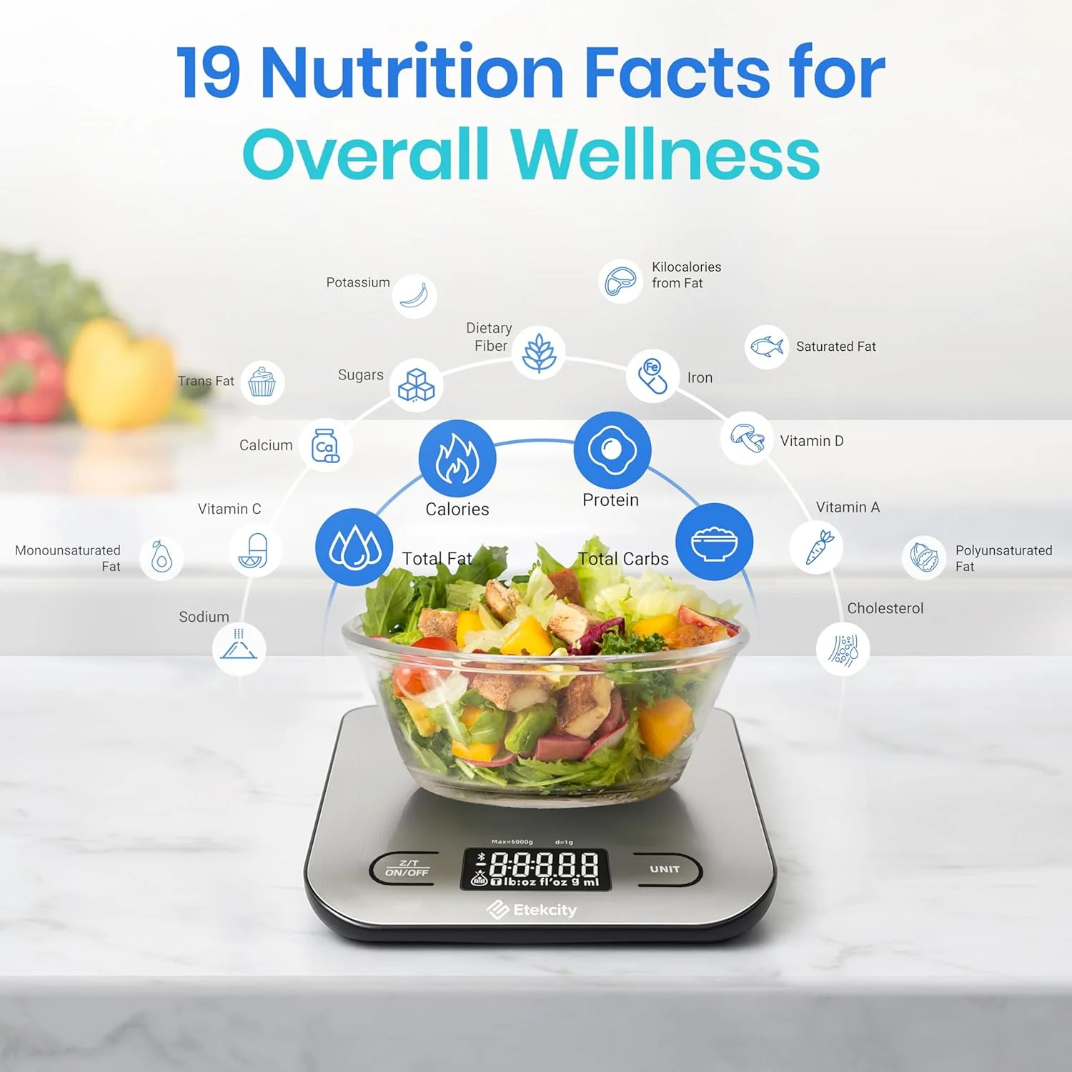 ترازوی آشپزخانه تغذیه مواد غذایی Etekcity، دیجیتال گرم و اونس برای کاهش وزن، پخت و پز، کتو و آماده سازی غذا، بزرگ، استیل ضد زنگ 304