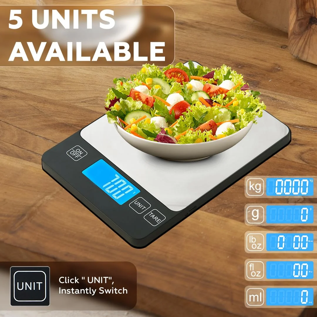 ترازوی آشپزخانه دیجیتال 15 کیلوگرمی AMROAH قابل شارژ با USB Type C و نمایشگر LCD، ترازوی وزن مواد غذایی استیل ضد زنگ 304 اونس گرم برای پخت و پز آشپزخانه و آماده سازی غذا