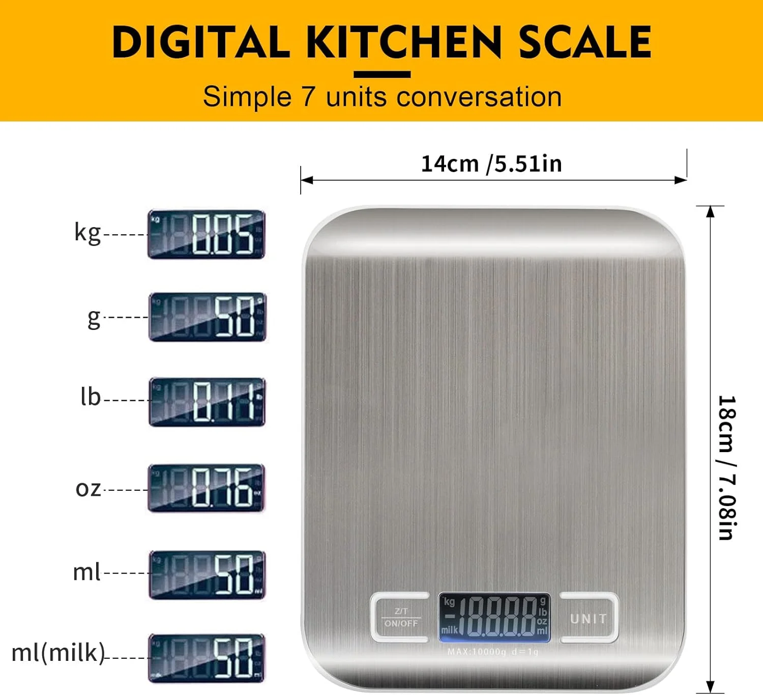 ترازوی آشپزخانه SKY-TOUCH، ترازوی دیجیتال چند منظوره برای پخت و پز، آشپزی و رژیم غذایی، ترازوی آشپزخانه با صفحه نمایش LCD و پلتفرم استیل ضد زنگ، فوق العاده باریک، عملکرد تارا