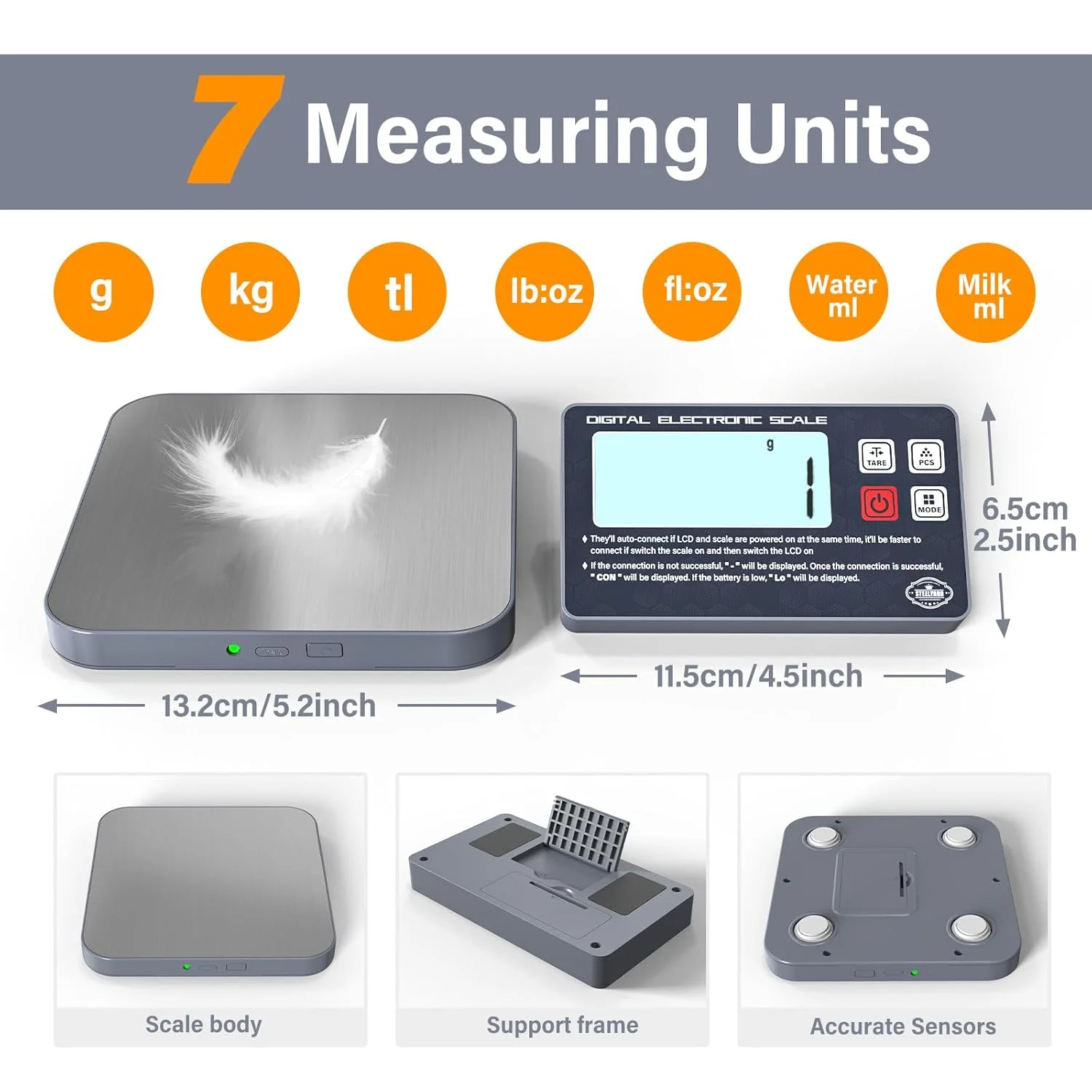 ترازوی دیجیتال آشپزخانه AWLKIM® - ترازوی وزن الکترونیکی با نمایشگر جداشدنی برای پخت، نان پزی و دم کردن قهوه، پلت فرم استیل ضد زنگ 304، LCD با نور پس زمینه، حالت شمارش، قابلیت نصب روی دیوار و پایه شیب دار