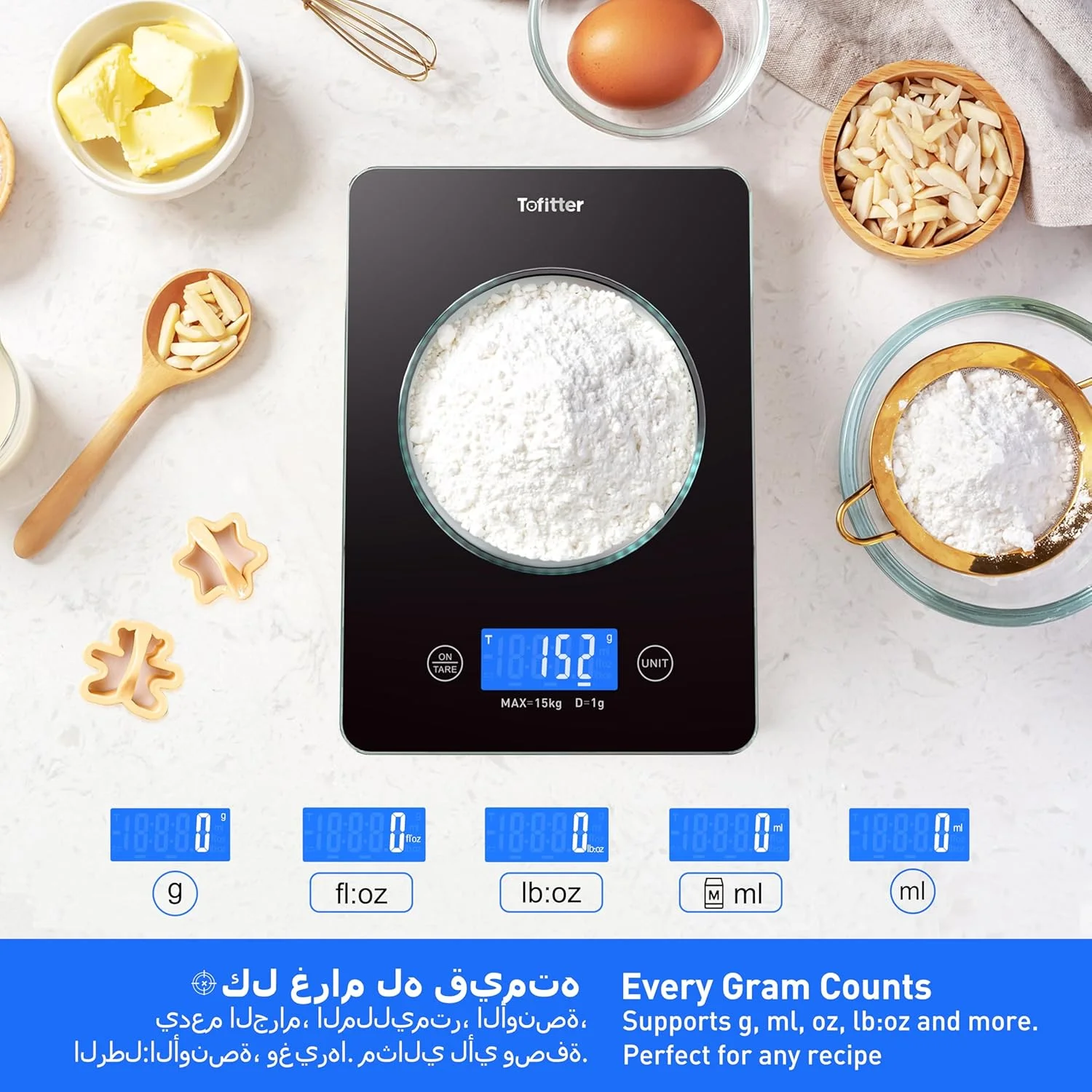 ترازوی آشپزخانه دیجیتال - ترازوی مواد غذایی با ظرفیت بالای 15 کیلوگرم/33 پوند، دقت بالای 1 گرم/0.1 اونس، قابل شارژ USB، دارای عملکرد صفر کردن و خاموش شدن خودکار، 6 واحد، شیشه حرارت دیده با قابلیت تمیز کردن آسان، مناسب برای پخت و پز، شیرینی پزی، قهوه و آماده سازی غذا