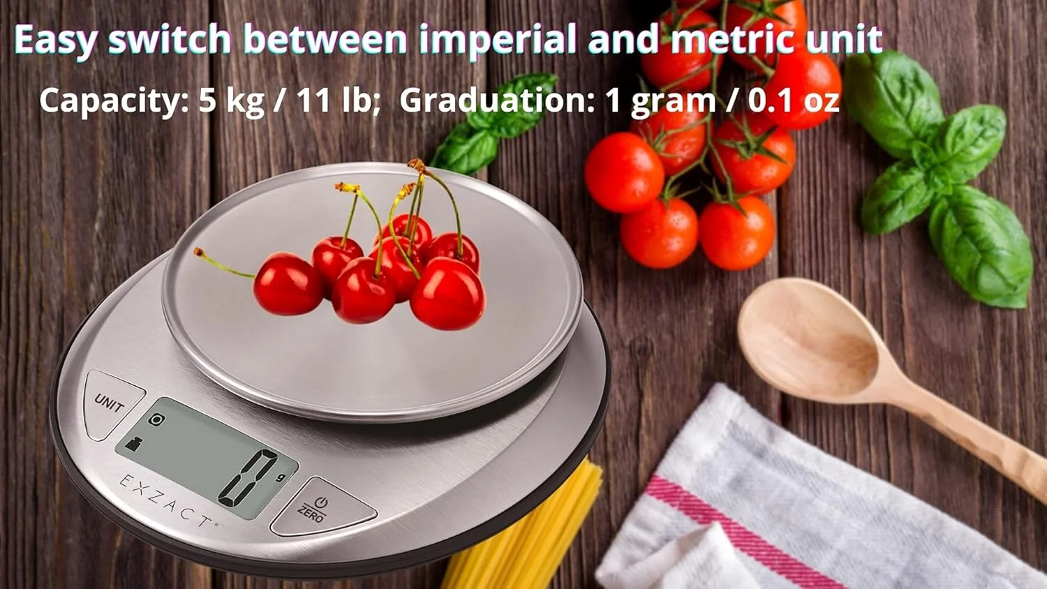 ترازوی آشپزخانه دیجیتال Exzact - استیل ضد زنگ - ترازوی الکترونیکی پخت و پز - ترازوی مواد غذایی - ظرفیت 5 کیلوگرم - پشتیبانی از سوئیچ امپریال و متریک