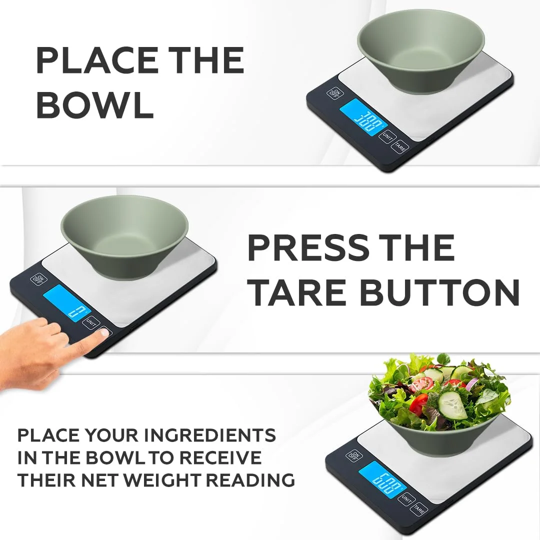 ترازوی آشپزخانه دیجیتال 15 کیلوگرمی AMROAH قابل شارژ با USB Type C و نمایشگر LCD، ترازوی وزن مواد غذایی استیل ضد زنگ 304 اونس گرم برای پخت و پز آشپزخانه و آماده سازی غذا