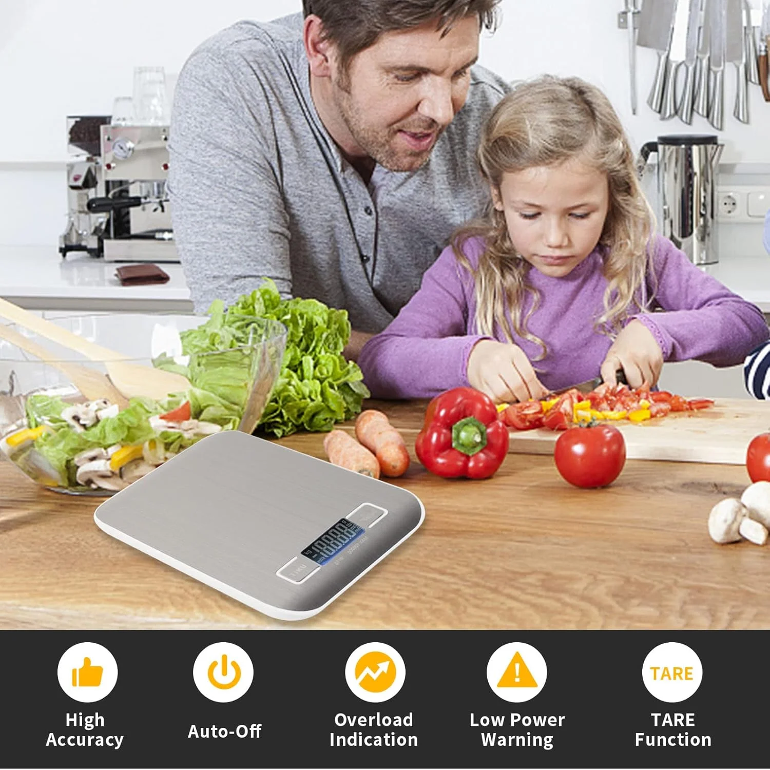 ترازوی آشپزخانه SKY-TOUCH، ترازوی دیجیتال چند منظوره برای پخت و پز، آشپزی و رژیم غذایی، ترازوی آشپزخانه با صفحه نمایش LCD و پلتفرم استیل ضد زنگ، فوق العاده باریک، عملکرد تارا