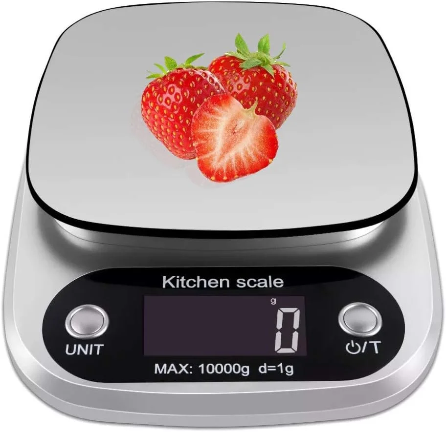 ترازوی آشپزخانه دیجیتال OFFICESU، ترازوی غذای چند منظوره، 10 کیلوگرم/22 پوند، نقره ای، استیل ضد زنگ (شامل باتری)