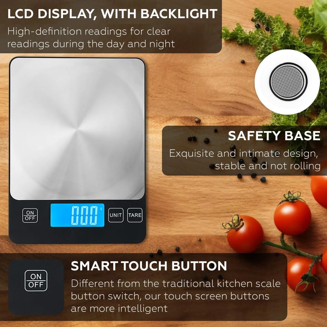 ترازوی آشپزخانه دیجیتال 15 کیلوگرمی AMROAH قابل شارژ با USB Type C و نمایشگر LCD، ترازوی وزن مواد غذایی استیل ضد زنگ 304 اونس گرم برای پخت و پز آشپزخانه و آماده سازی غذا