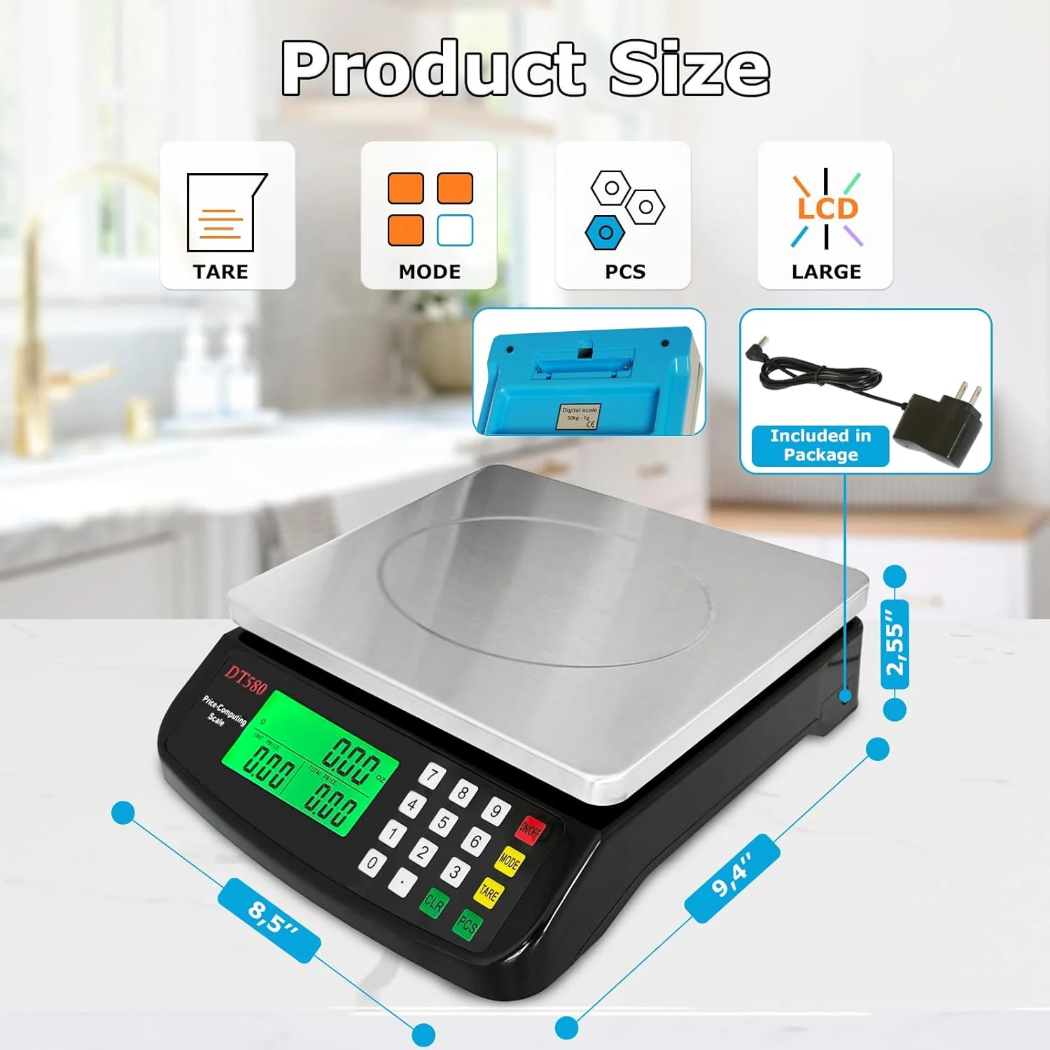 ترازوی آشپزخانه دیجیتال بزرگ 40 کیلوگرمی با صفحه استیل ضد زنگ، ترازوی محاسباتی قیمت، ترازوی شمارش قطعات، ترازوی فروشگاهی با نمایشگر LCD برای پخت نان، پخت و پز گوشت، آماده سازی قطعات و سکه، شامل آداپتور (مشکی)