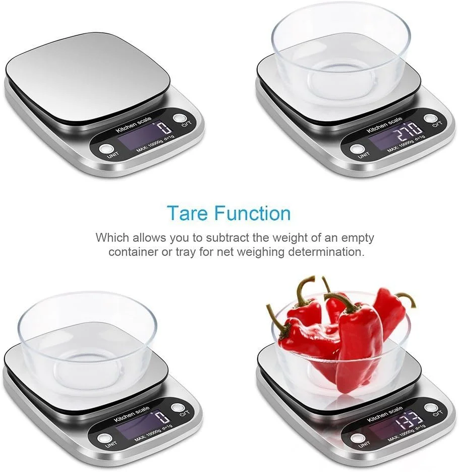 ترازوی آشپزخانه دیجیتال OFFICESU، ترازوی غذای چند منظوره، 10 کیلوگرم/22 پوند، نقره ای، استیل ضد زنگ (شامل باتری)