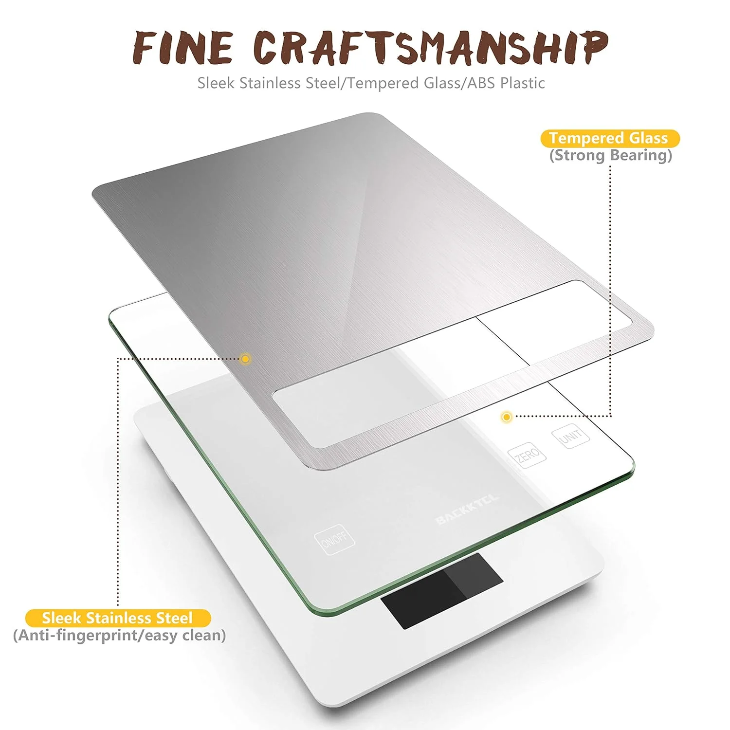 ترازوی آشپزخانه دیجیتال 10 کیلوگرمی BACK KTCL مدل "Cooking Master"، دقت 1 گرم / 0.1 اونس، ترازوی غذا برای اندازه گیری وزن مواد غذایی در آشپزی و شیرینی پزی، ساخته شده از استیل ضد زنگ و شیشه حرارت دیده