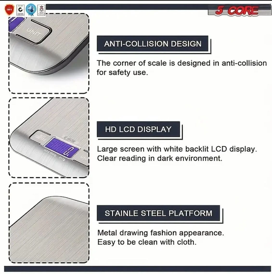 ترازوی دیجیتال آشپزخانه برای غذا و قهوه. دقت بالا، فوق العاده باریک، صفحه نمایش ال سی دی با نور پس زمینه، ظرفیت 10 کیلوگرم، تمیز کردن آسان. سطح استیل ضد زنگ ممتاز. اندازه گیری در 6 واحد (گرم و اونس). برای پخت و رژیم غذایی