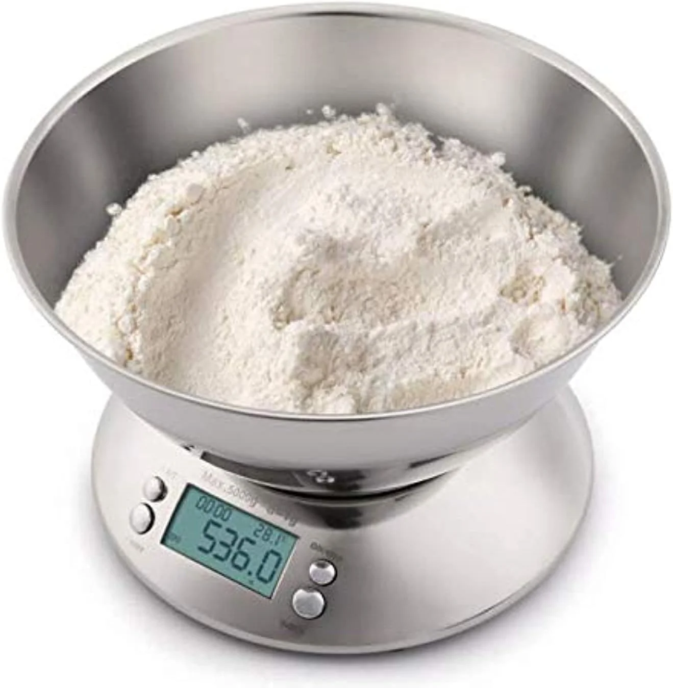 ترازوی آشپزخانه دیجیتال الکترونیکی SKEIDO با ظرفیت 5 کیلوگرم و دقت 1 گرم، ترازوی غذای استیل ضد زنگ با کاسه جداشدنی 2.15 لیتری، نمایشگر LCD (باتری شامل نمی شود)