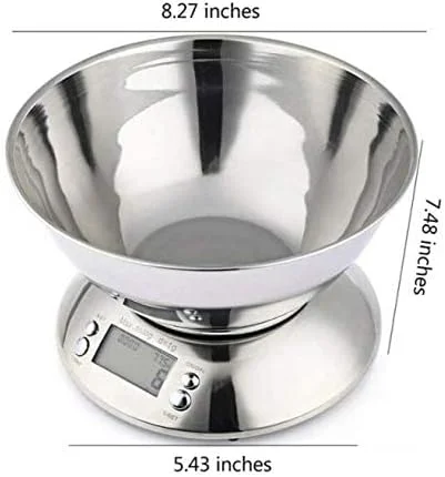 ترازوی آشپزخانه دیجیتال الکترونیکی SKEIDO با ظرفیت 5 کیلوگرم و دقت 1 گرم، ترازوی غذای استیل ضد زنگ با کاسه جداشدنی 2.15 لیتری، نمایشگر LCD (باتری شامل نمی شود)