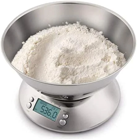 ترازوی آشپزخانه دیجیتال الکترونیکی SKEIDO با ظرفیت 5 کیلوگرم و دقت 1 گرم، ترازوی غذای استیل ضد زنگ با کاسه جداشدنی 2.15 لیتری، نمایشگر LCD (باتری شامل نمی شود)