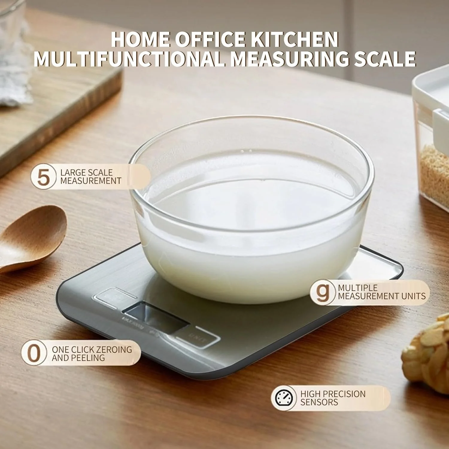 ترازوی دیجیتال آشپزخانه GENHY، ترازوی غذای فوق العاده باریک با صفحه نمایش LCD بزرگ، استیل ضد زنگ، 5 کیلوگرم (نقره ای)