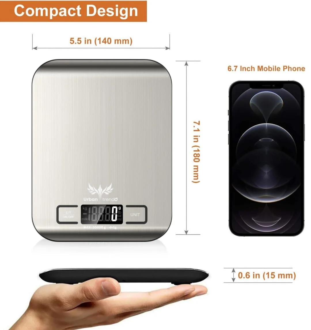 ترازوی دیجیتال آشپزخانه UT Precision | ميزان اكل با ظرفیت 10 کیلوگرم/22 پوند - ترازوی استیل ضد زنگ با عملکرد تارا، 6 واحد (کیلوگرم/گرم/پوند/اونس/میلی لیتر/میلی لیتر شیر) برای پخت و پز و شیرینی پزی (نقره ای) ترازوی دیجیتال آشپزخانه UT Precision | ميزان اكل با ظرفیت 10 کیلوگرم/22 پوند - ترازوی استیل ضد زنگ با عملکرد تارا، 6 واحد (کیلوگرم/گرم/پوند/اونس/میلی لیتر/میلی لیتر شیر) برای پخت و پز و شیرینی پزی (نقره ای)