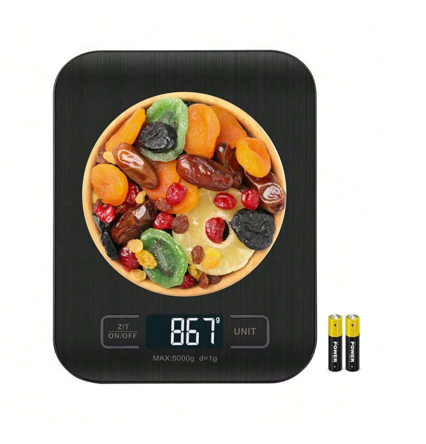 ترازوی دیجیتال آشپزخانه، استیل ضد زنگ 304، دکمه لمسی، فوق العاده باریک با صفحه نمایش بزرگ LCD، برای پخت و پز، و آماده سازی غذا، خاموش شدن خودکار و عملکرد کالیبره خودکار، 5 کیلوگرم، باتری شامل می شود