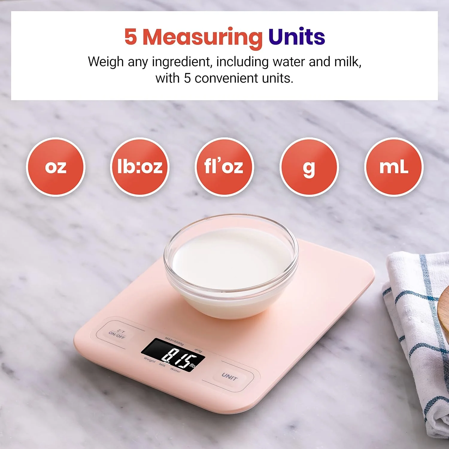 ترازوی آشپزخانه Etekcity، ترازو دیجیتال گرم و اونس برای کاهش وزن، پخت و پز، کتو و آماده سازی غذا، صفحه نمایش LCD، متوسط، صورتی