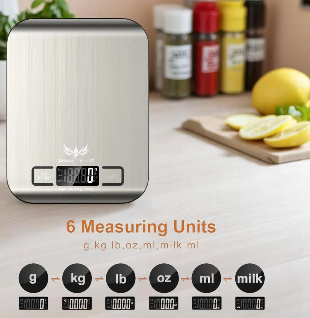 ترازوی دیجیتال آشپزخانه UT Precision | ميزان اكل با ظرفیت 10 کیلوگرم/22 پوند - ترازوی استیل ضد زنگ با عملکرد تارا، 6 واحد (کیلوگرم/گرم/پوند/اونس/میلی لیتر/میلی لیتر شیر) برای پخت و پز و شیرینی پزی (نقره ای) ترازوی دیجیتال آشپزخانه UT Precision | ميزان اكل با ظرفیت 10 کیلوگرم/22 پوند - ترازوی استیل ضد زنگ با عملکرد تارا، 6 واحد (کیلوگرم/گرم/پوند/اونس/میلی لیتر/میلی لیتر شیر) برای پخت و پز و شیرینی پزی (نقره ای)