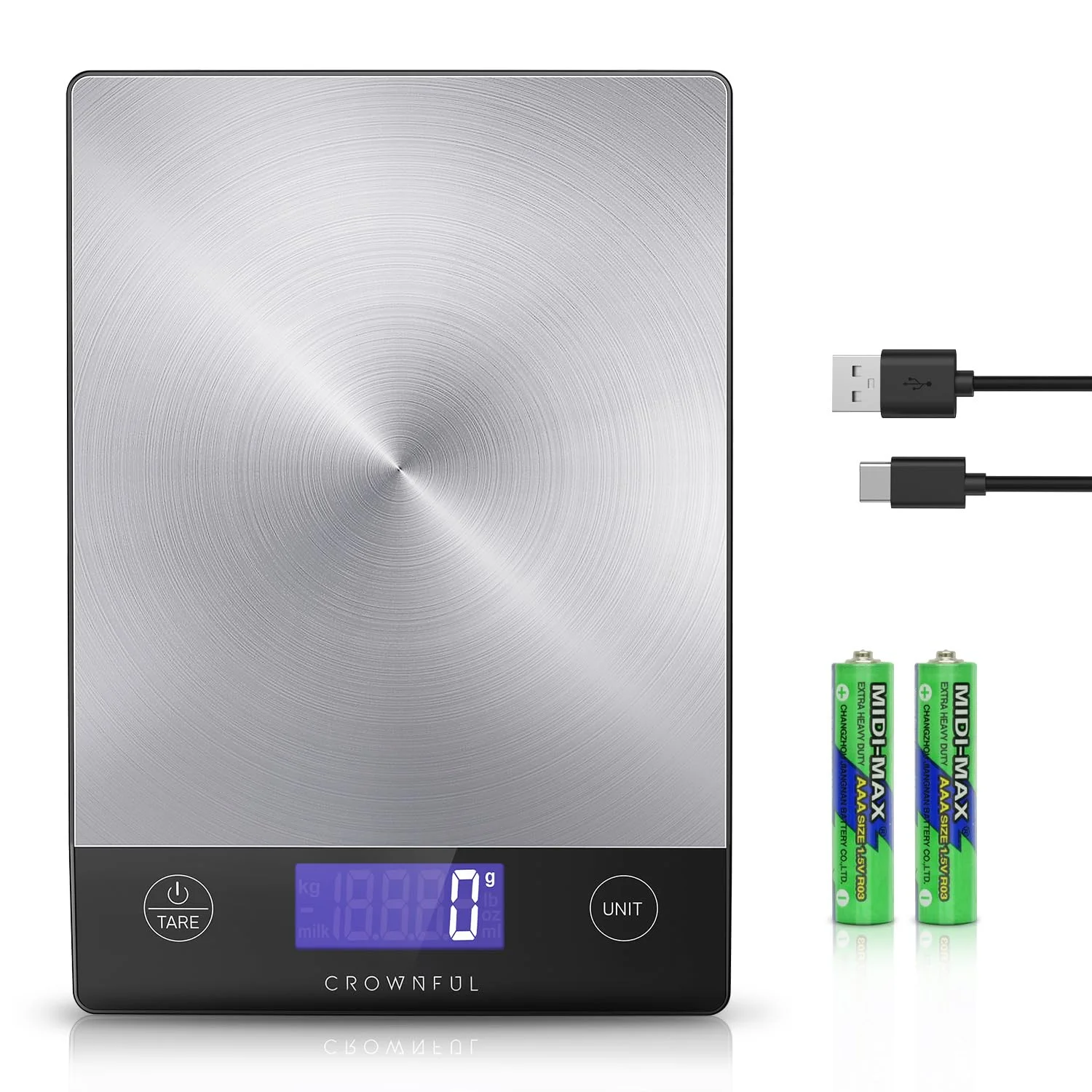 CROWNFUL 15Kg Food Scale, Rechargeable 304 Stainless Steel Digital Kitchen Scale Grams and Ounces with LCD Display and Type-C Charging for Baking and Cooking