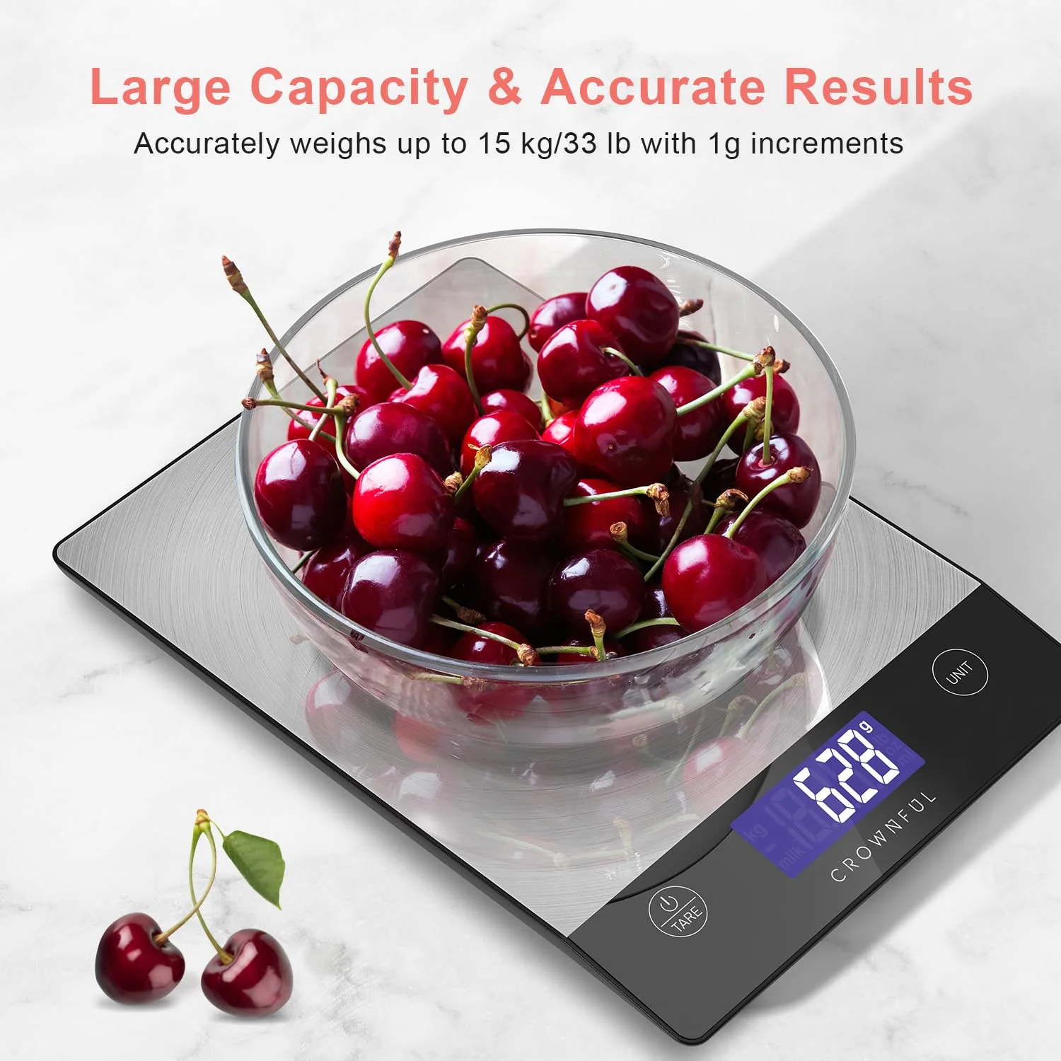 CROWNFUL 15Kg Food Scale, Rechargeable 304 Stainless Steel Digital Kitchen Scale Grams and Ounces with LCD Display and Type-C Charging for Baking and Cooking