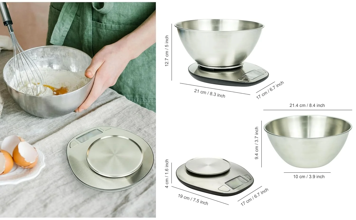 ترازوی آشپزخانه الکترونیکی Exzact، ترازوی پخت و پز استیل ضد زنگ - صفحه نمایش بزرگ، ترازوی توزین مواد غذایی تر و خشک با کاسه مخلوط استیل ضد زنگ - تغییر آسان بین واحدهای امپریال و متریک - حداکثر 5 کیلوگرم