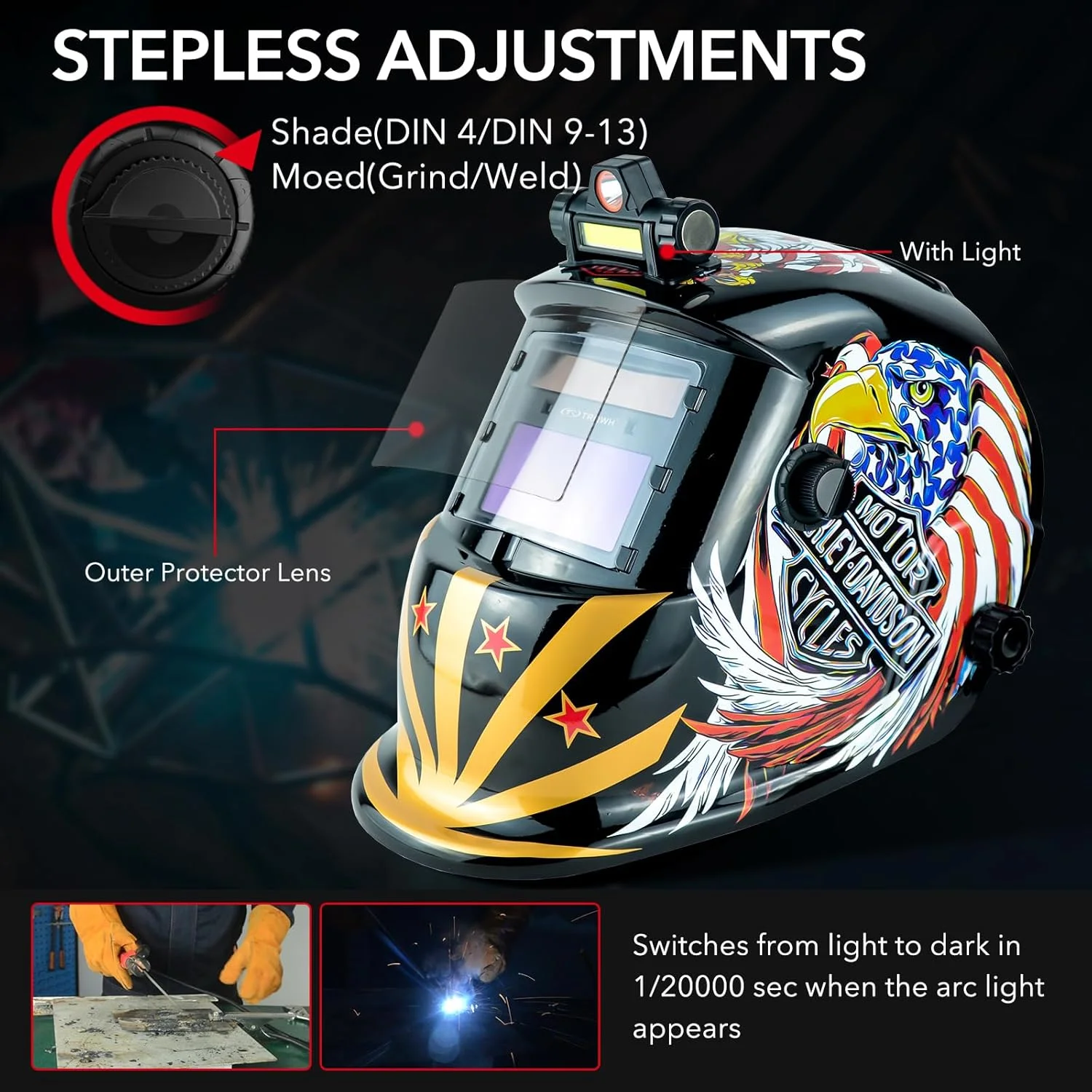 کلاه جوشکاری TRQWH برای مردان، رنگ واقعی، دارای انرژی خورشیدی، تیره شونده خودکار، دارای چراغ، 2 سنسور قوس، محدوده سایه گسترده 4/9-13، ماسک جوشکاری