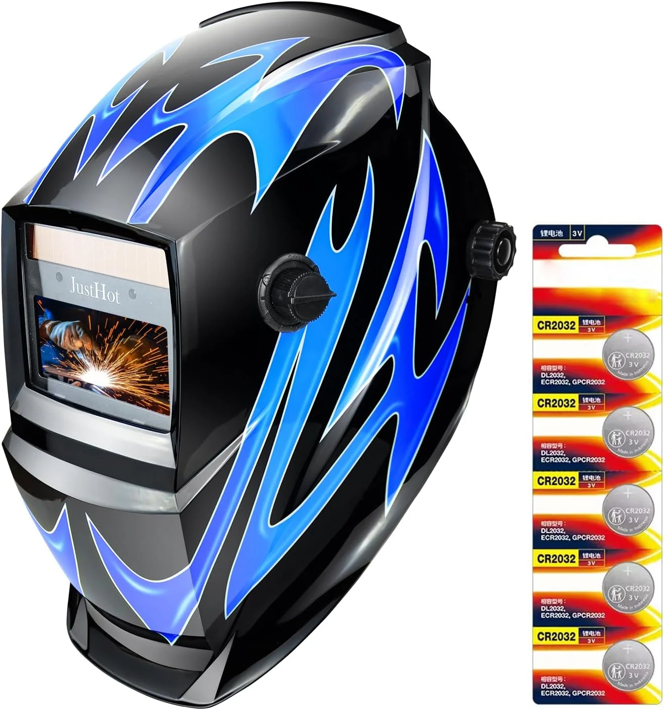 JustHot Welding Helmet Auto Darkening True Color Welding Hood Solar Battery Powered Welding Mask 1/1/1/2 Optical Clarity 9-13 Adjustable Shade Range 2 Arc Sensor with Grinding