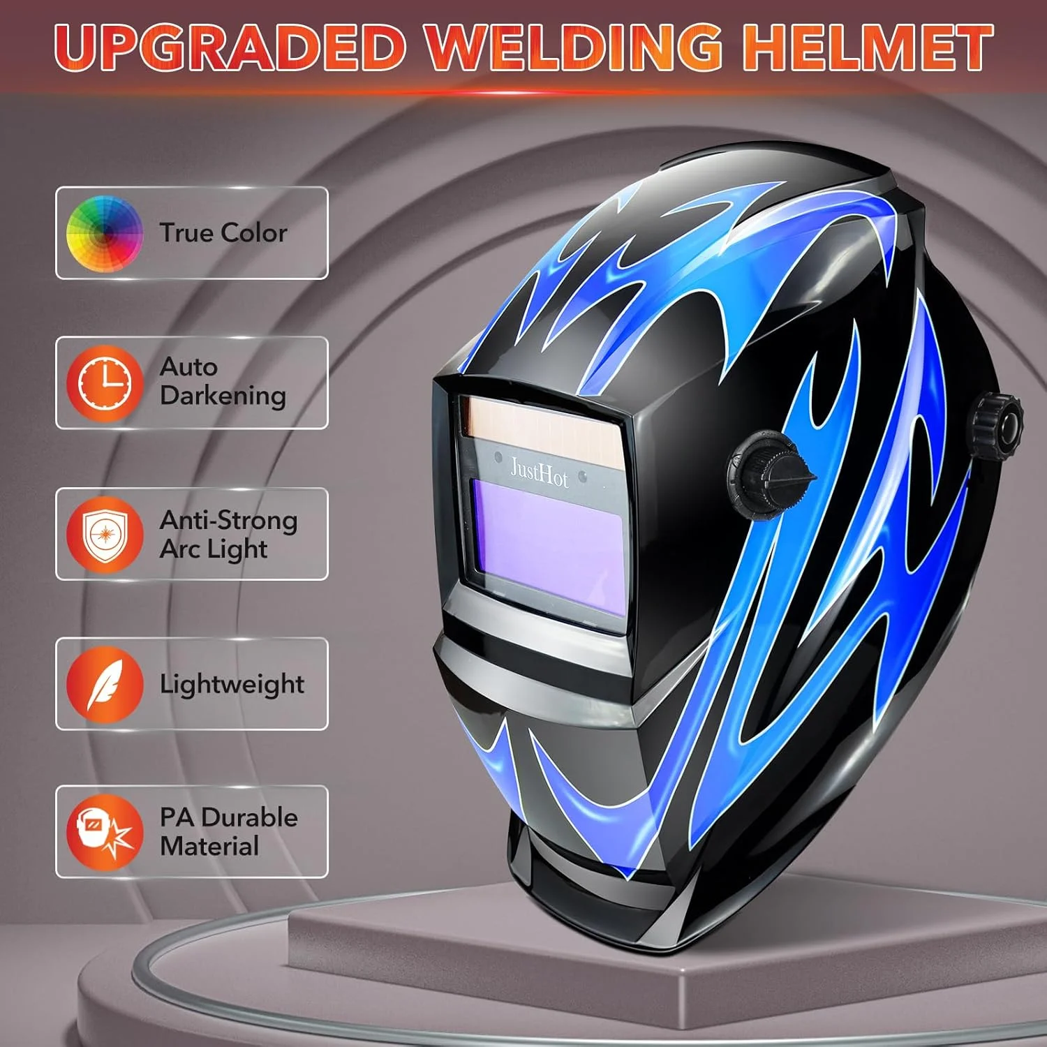 JustHot Welding Helmet Auto Darkening True Color Welding Hood Solar Battery Powered Welding Mask 1/1/1/2 Optical Clarity 9-13 Adjustable Shade Range 2 Arc Sensor with Grinding