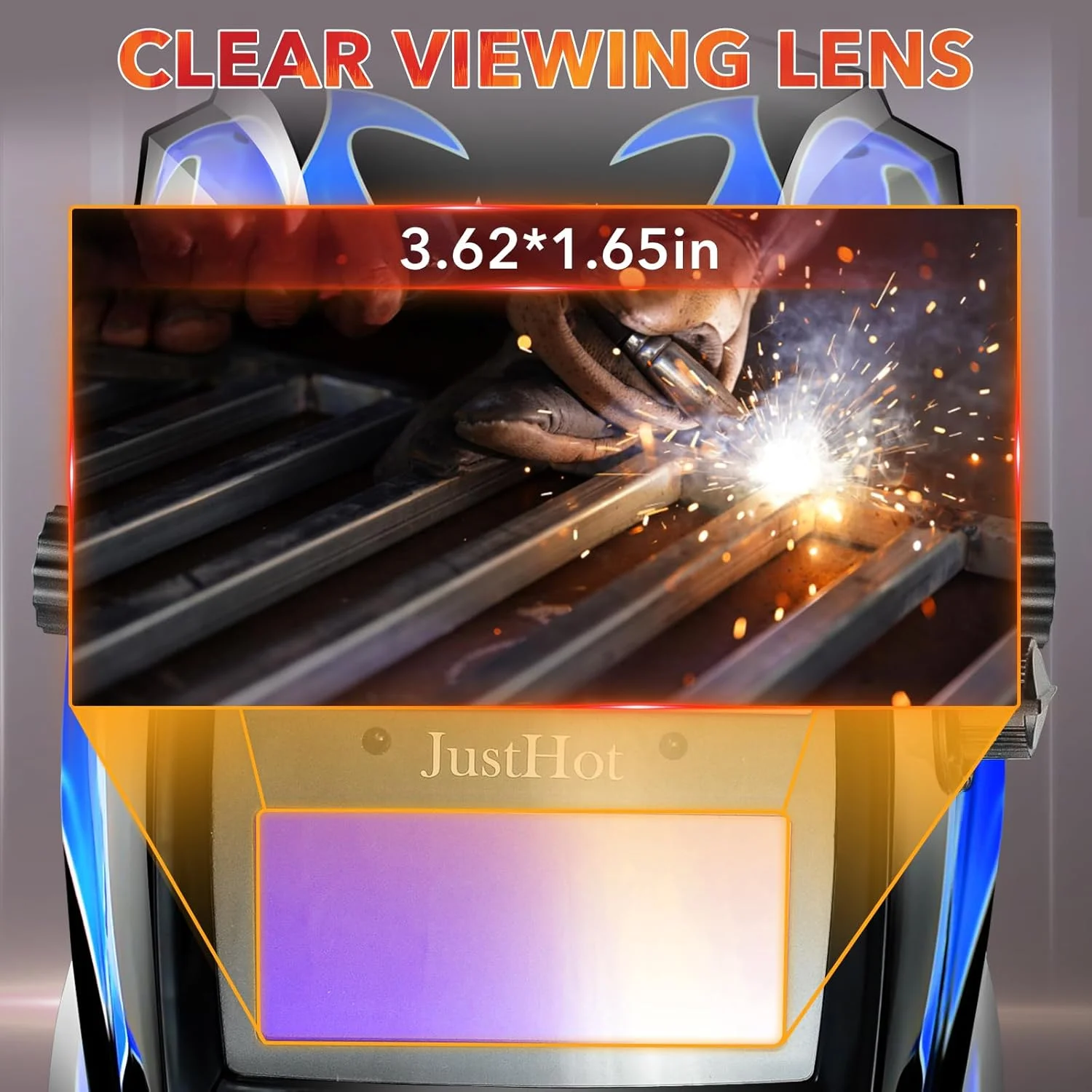 JustHot Welding Helmet Auto Darkening True Color Welding Hood Solar Battery Powered Welding Mask 1/1/1/2 Optical Clarity 9-13 Adjustable Shade Range 2 Arc Sensor with Grinding