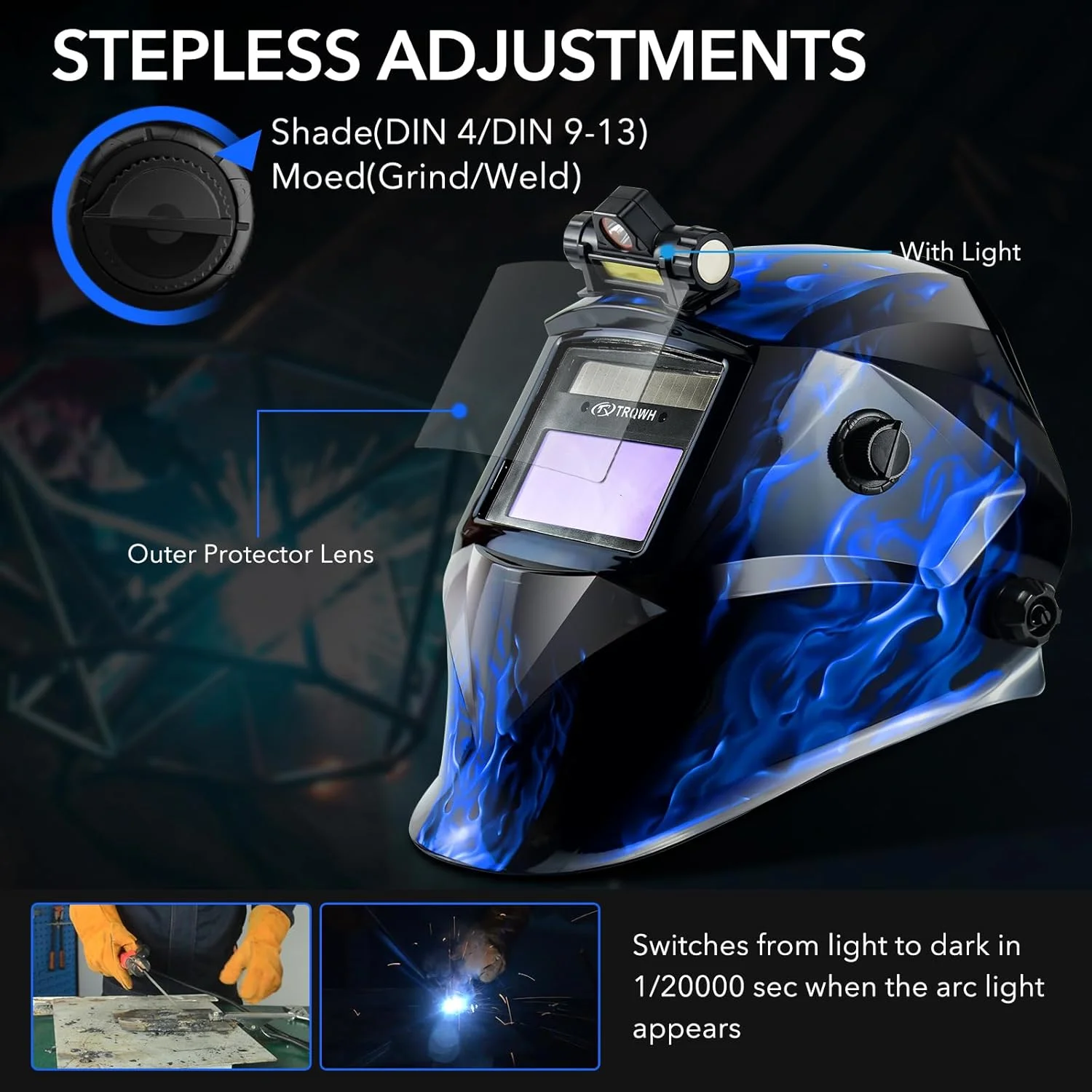 TRQWH Welding Hood Auto Darkening Welding Helmet with Light True Color 1/1/1/2 Top Optical Clarity Wide Shade 9-13 Welding Mask with Grinding Weld Helmet (KTS-JD15)