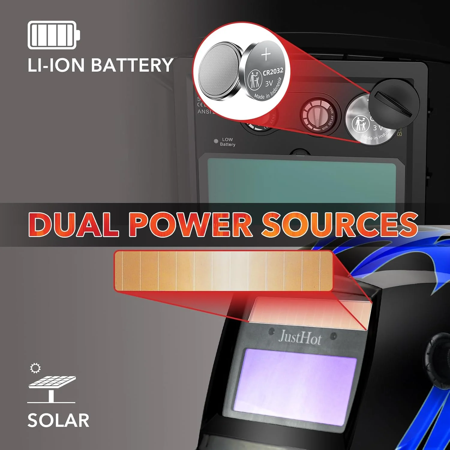 JustHot Welding Helmet Auto Darkening True Color Welding Hood Solar Battery Powered Welding Mask 1/1/1/2 Optical Clarity 9-13 Adjustable Shade Range 2 Arc Sensor with Grinding