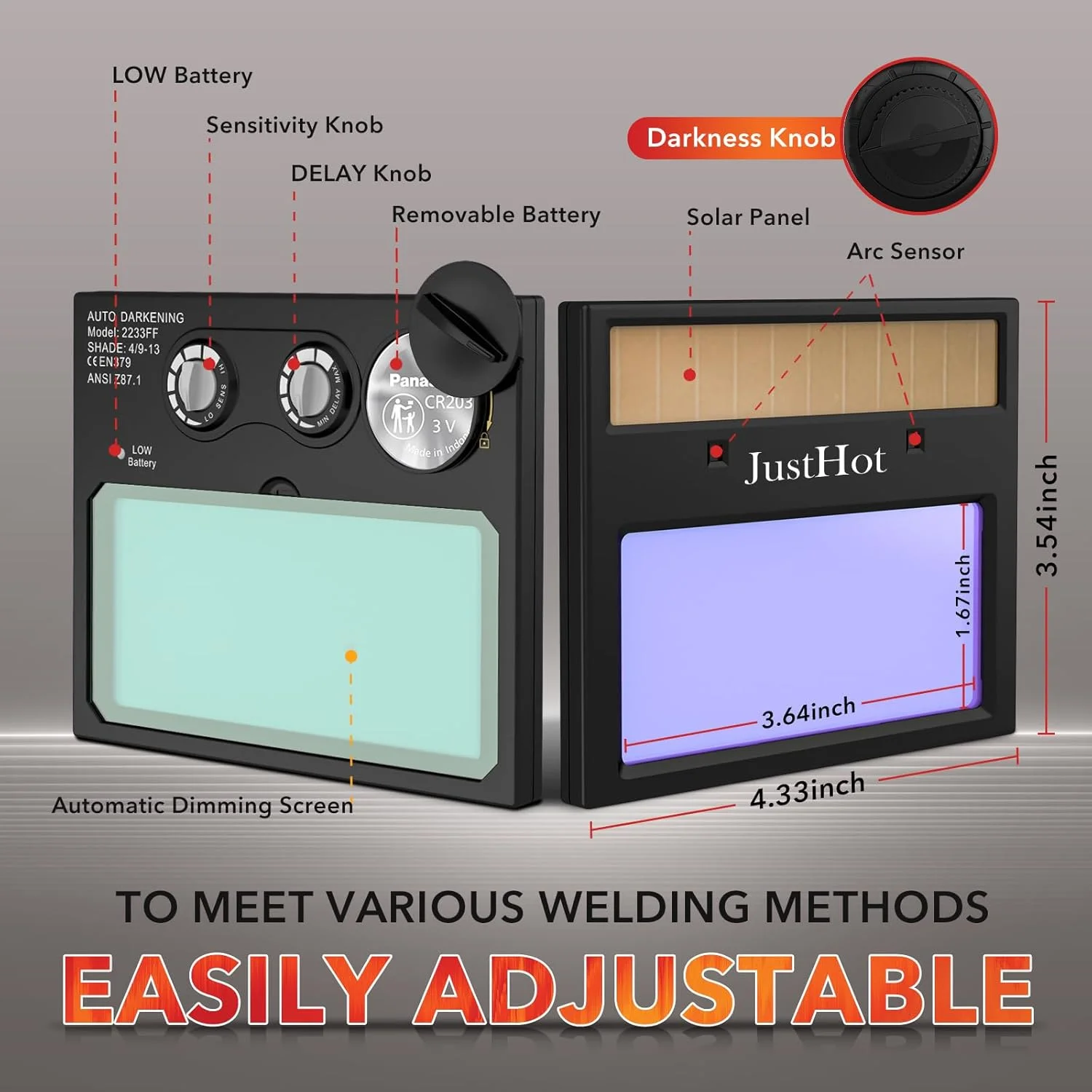 JustHot Welding Helmet Auto Darkening True Color Welding Hood Solar Battery Powered Welding Mask 1/1/1/2 Optical Clarity 9-13 Adjustable Shade Range 2 Arc Sensor with Grinding
