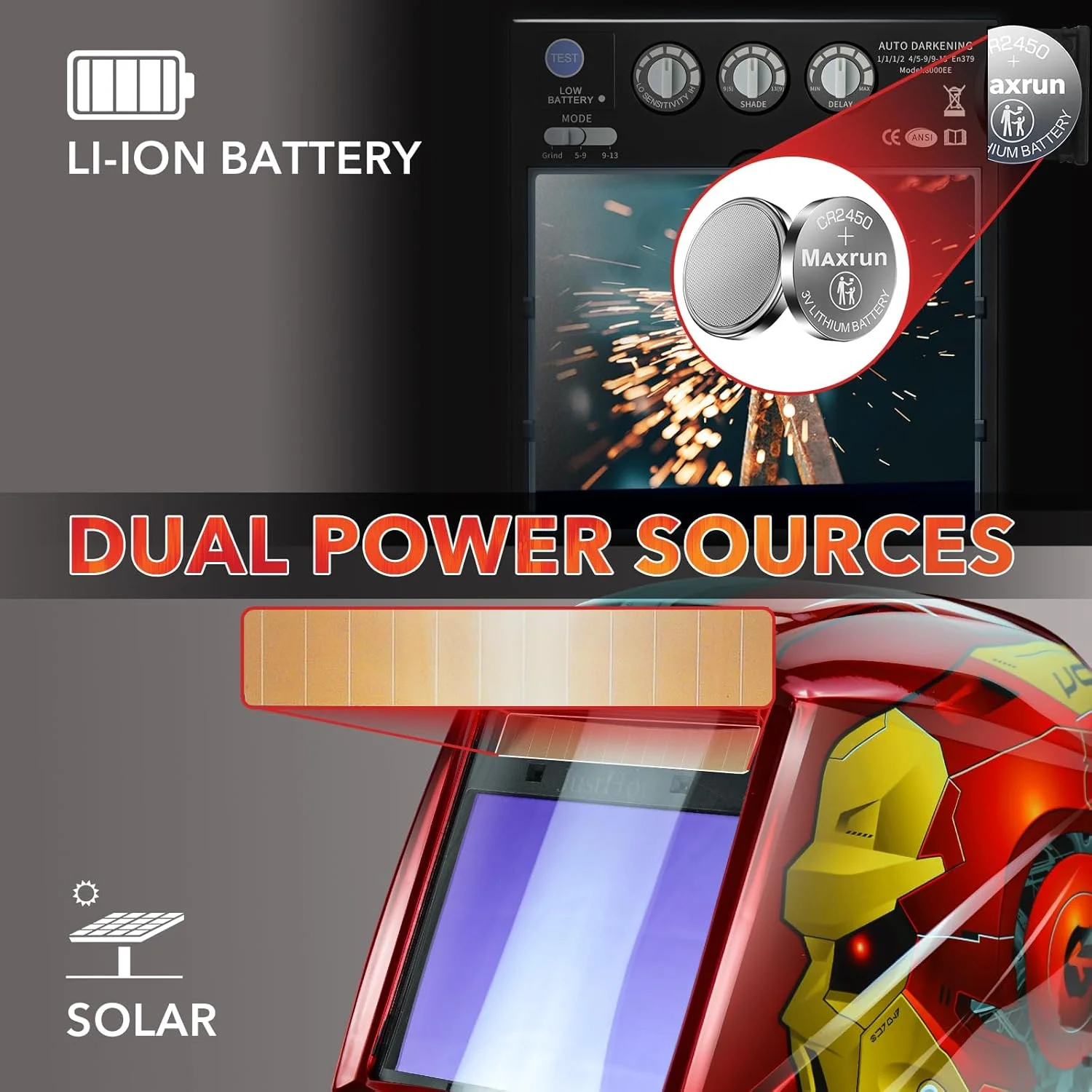 کلاه جوشکاری دید گسترده JustHot، دارای 4 سنسور قوس، ابعاد دید 10x8 سانتی متر، رنگ واقعی، ماسک جوشکاری با انرژی خورشیدی، وضوح اپتیکی 1/1/1/1، سایه گسترده 5-9/9-13