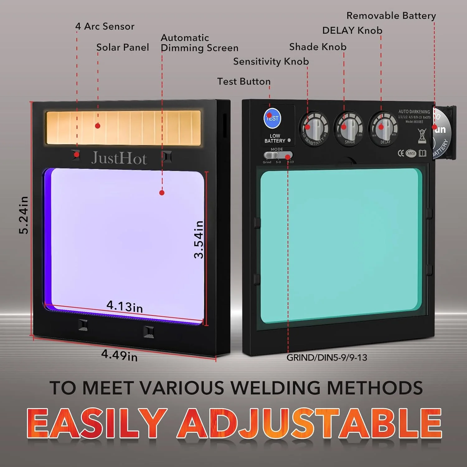 کلاه جوشکاری دید گسترده JustHot، دارای 4 سنسور قوس، ابعاد دید 10x8 سانتی متر، رنگ واقعی، ماسک جوشکاری با انرژی خورشیدی، وضوح اپتیکی 1/1/1/1، سایه گسترده 5-9/9-13