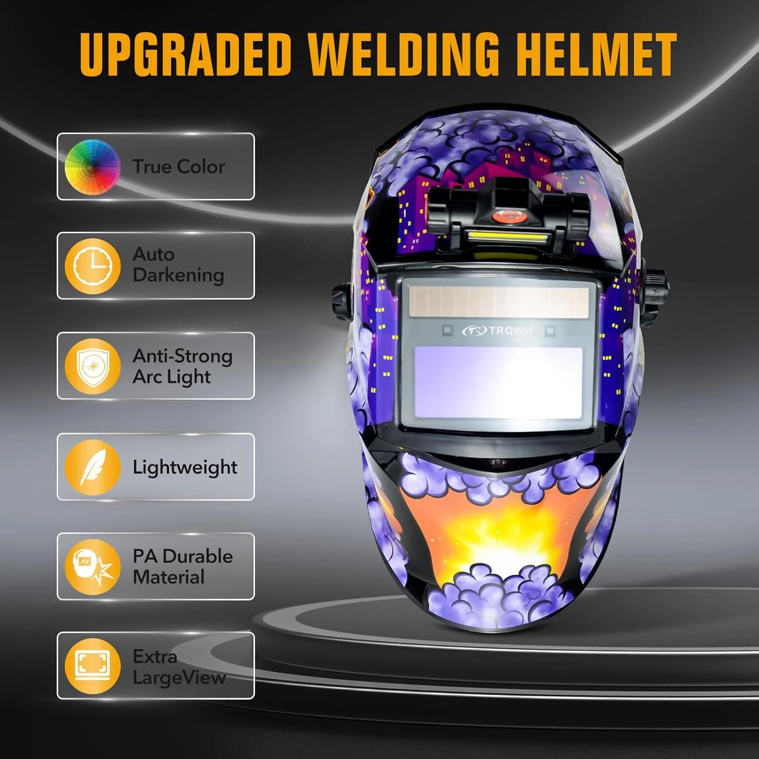 کلاه جوشکاری TRQWH با قابلیت تیره شوندگی خودکار، رنگ واقعی نور، وضوح اپتیکی عالی 1/1/1/2، سایه گسترده 9-13، ماسک جوشکاری با کلاه جوشکاری سنگ زنی (KTS-JD17)