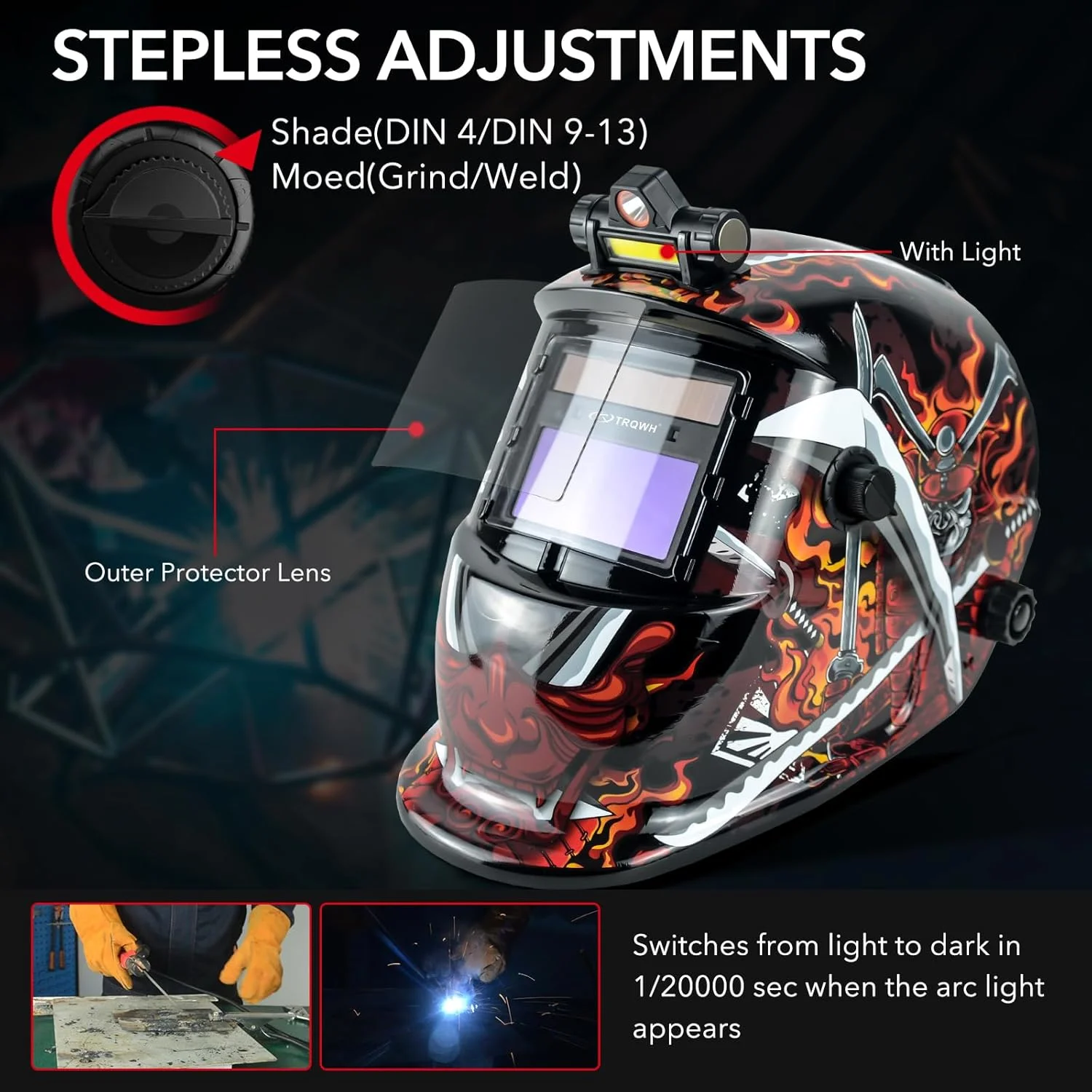 کلاه جوشکاری اتوماتیک TRQWH با محدوده سایه روشن گسترده 4/9-13، ماسک جوشکاری رنگ واقعی با انرژی خورشیدی برای جوشکاری تیگ، میگ، قوس و سنگ زنی