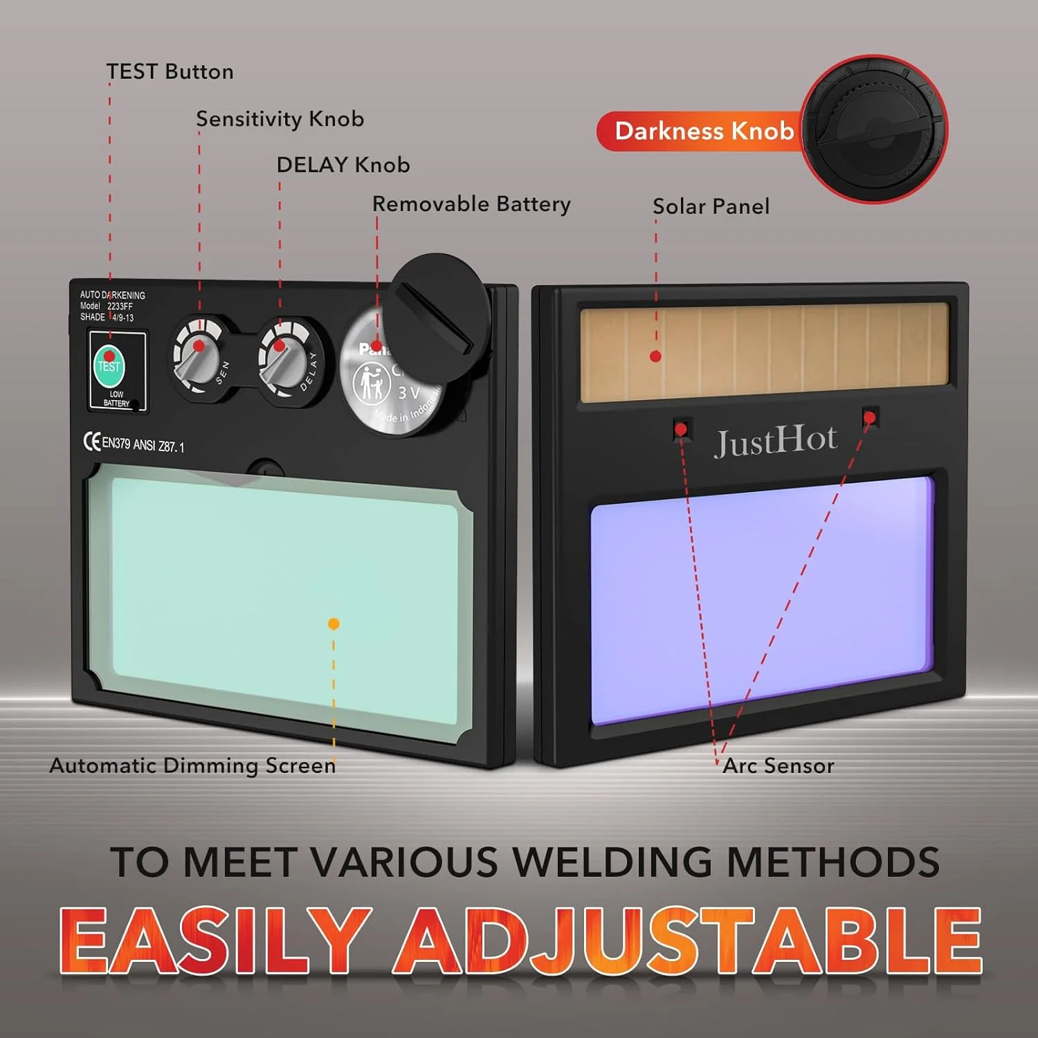 کلاه جوشکاری اتوماتیک JustHot، ماسک جوشکاری با رنگ واقعی و انرژی خورشیدی، وضوح اپتیکی 1/1/1/1، سایه گسترده 5-9/9-13 با 4 سنسور قوس الکتریکی، کلاه جوشکاری برای مردان (JH-HD26) کلاه جوشکاری اتوماتیک JustHot، ماسک جوشکاری با رنگ واقعی و انرژی خورشیدی، وضوح اپتیکی 1/1/1/1، سایه گسترده 5-9/9-13 با 4 سنسور قوس الکتریکی، کلاه جوشکاری برای مردان (JH-HD26)