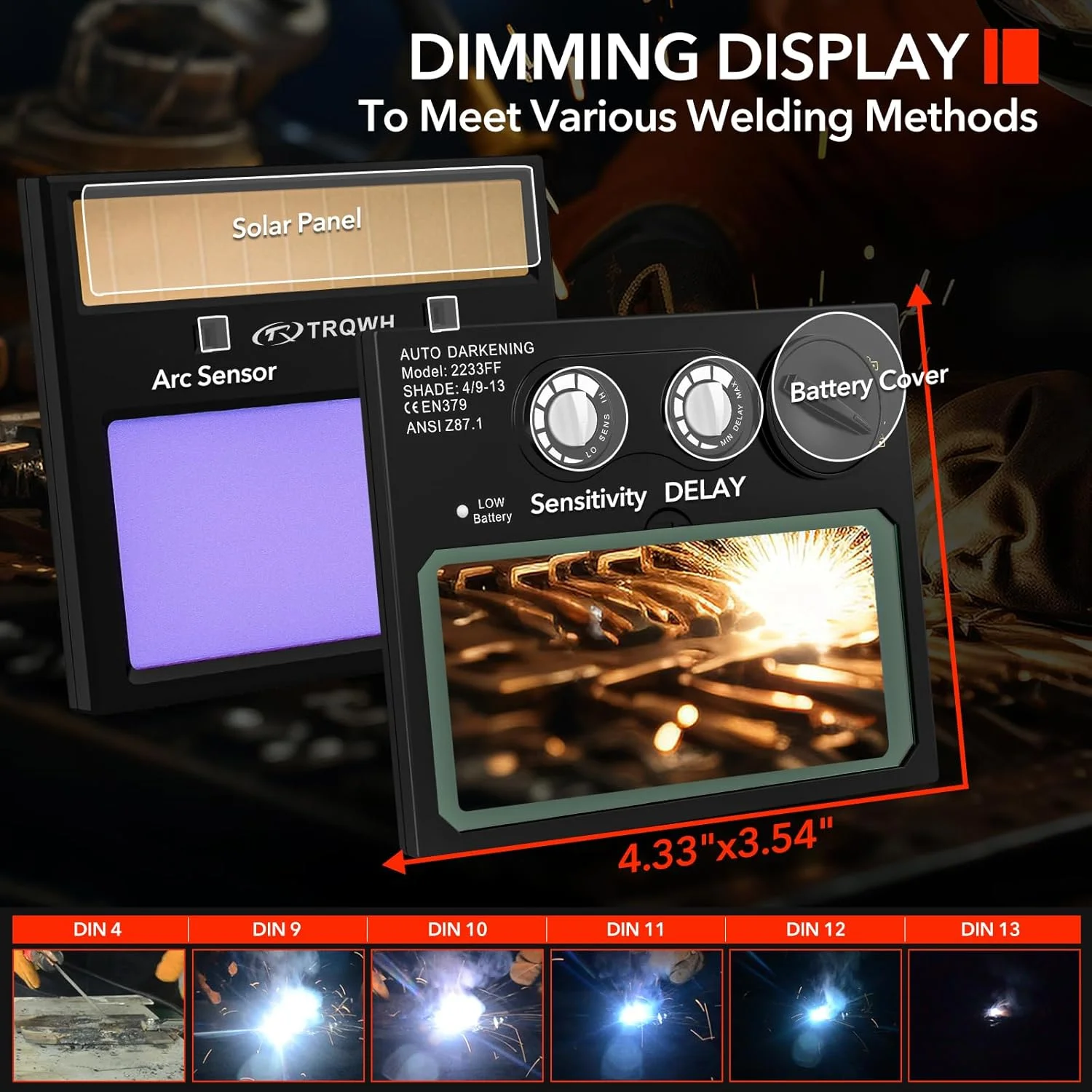 کلاه جوشکاری اتوماتیک TRQWH با محدوده سایه روشن گسترده 4/9-13، ماسک جوشکاری رنگ واقعی با انرژی خورشیدی برای جوشکاری تیگ، میگ، قوس و سنگ زنی