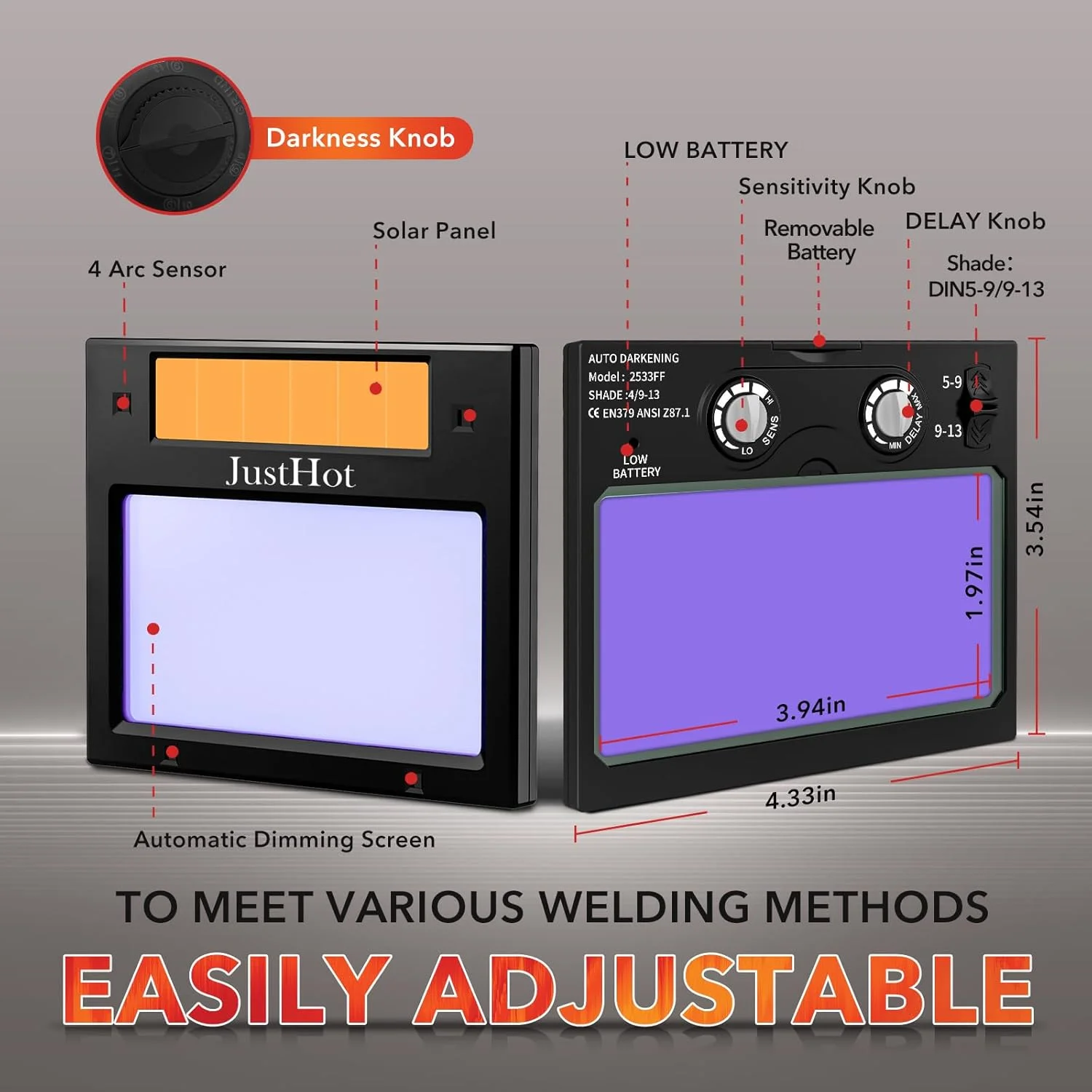 کلاه جوشکاری اتوماتیک JustHot، ماسک جوشکاری با قابلیت تیره شوندگی خودکار، رنگ واقعی، انرژی خورشیدی، وضوح اپتیکی 1/1/1/1، سایه گسترده 5-9/9-13 با 4 سنسور قوس الکتریکی، مناسب برای آقایان