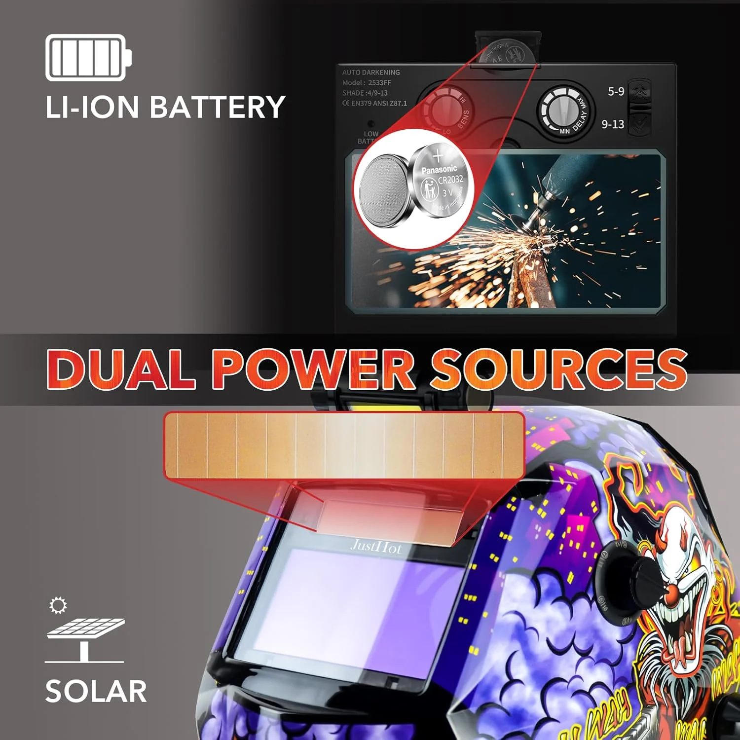 کلاه جوشکاری اتوماتیک JustHot، ماسک جوشکاری با قابلیت تیره شوندگی خودکار، رنگ واقعی، انرژی خورشیدی، وضوح اپتیکی 1/1/1/1، سایه گسترده 5-9/9-13 با 4 سنسور قوس الکتریکی، مناسب برای آقایان