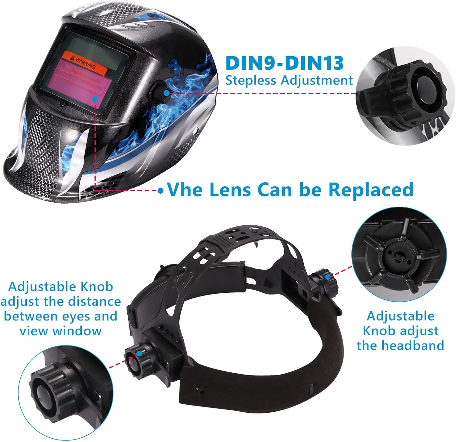 ماسک جوشکاری اتوماتیک تیره شونده UNISOPH، ماسک جوشکاری خورشیدی برای محافظت از چشم و صورت، کلاه جوشکاری سبک وزن و راحت قابل تنظیم با محدوده سایه 9-13، برای جوشکاری TIG، MIG، Arc و سنگ زنی