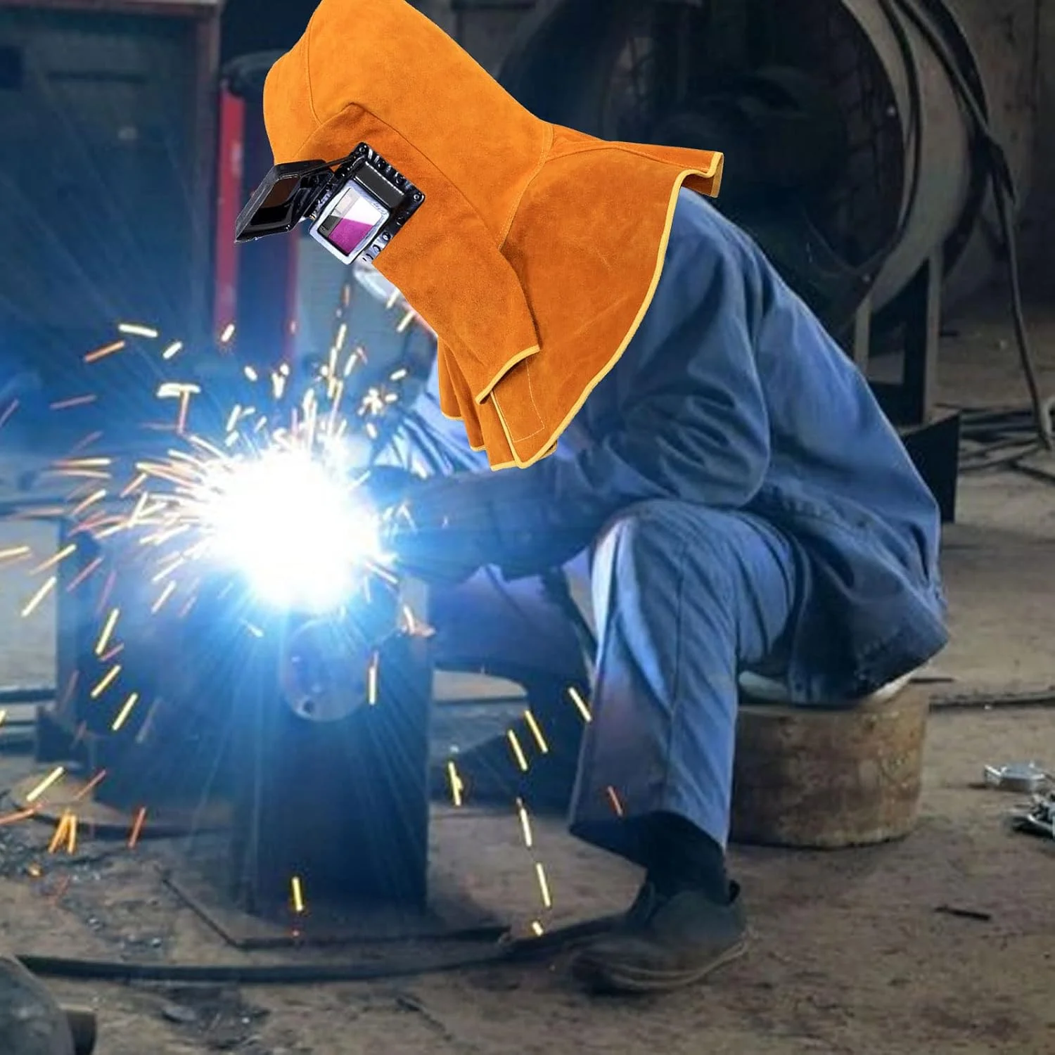 ماسک جوشکاری چرمی گاوی 2025 با لنز فیلتر تیره شونده خودکار خورشیدی، کلاه ایمنی جوشکاری چرمی محافظ کامل با محافظ گردن و شانه، کلاه کار مقاوم در برابر حرارت شعله جوشکاری