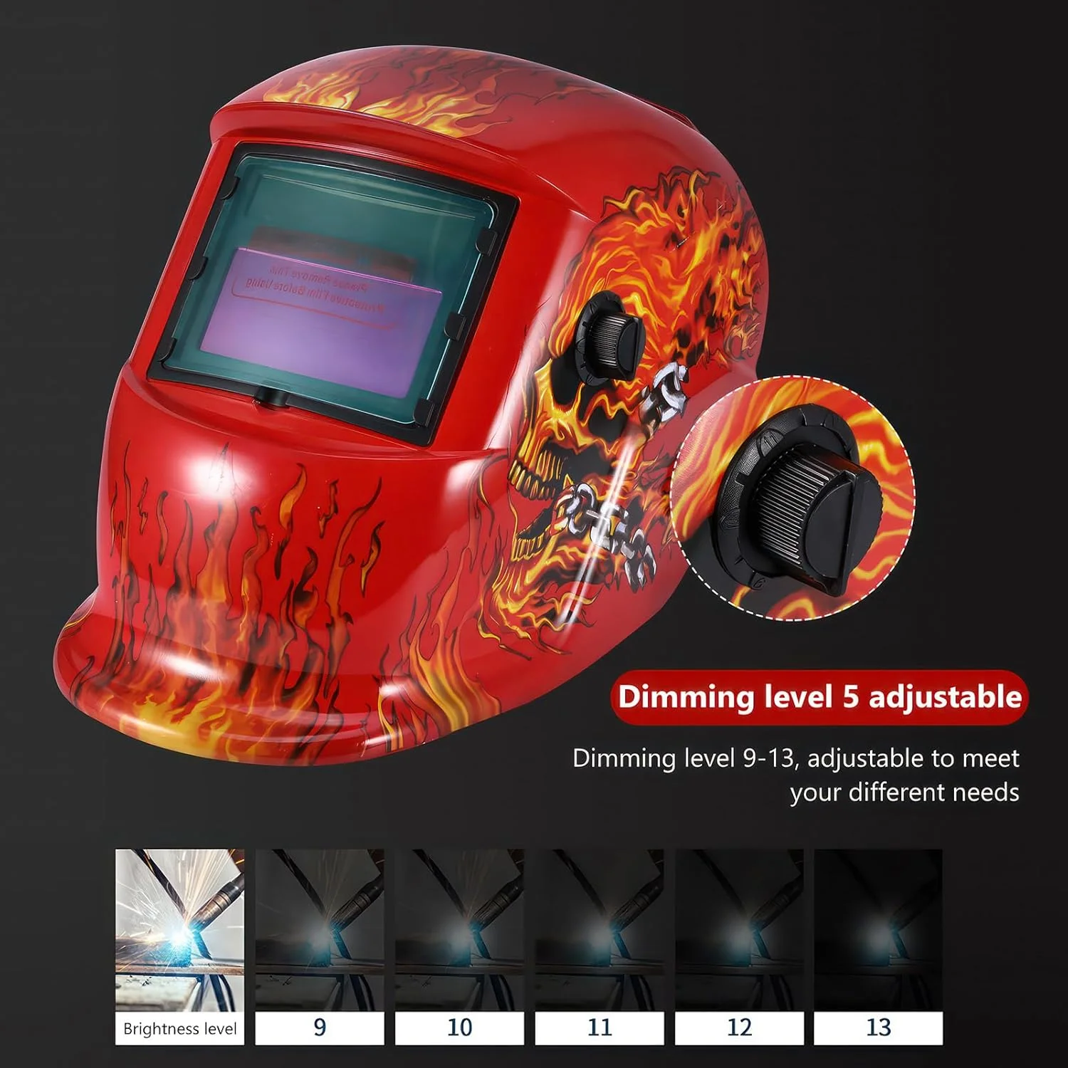 ماسک جوشکاری اتوماتیک تیره شونده، ماسک جوشکاری خورشیدی برای محافظت از چشم و صورت، کلاه ایمنی جوشکاری سبک و راحت قابل تنظیم با محدوده سایه 9-13، برای جوشکاری تیگ، میگ، قوس و سنگ زنی (شعله قرمز)